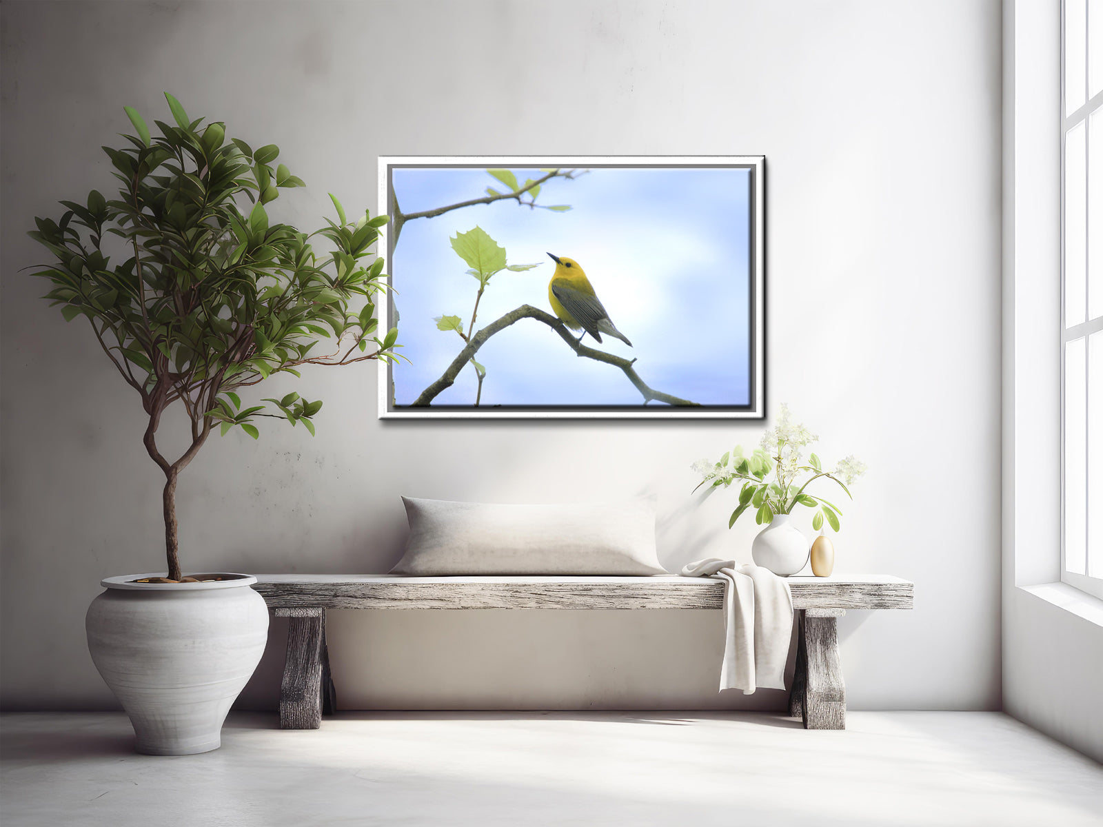 Beautiful bright yellow Prothonotary Warbler Canvas Framed wall art by Kristen Olivares