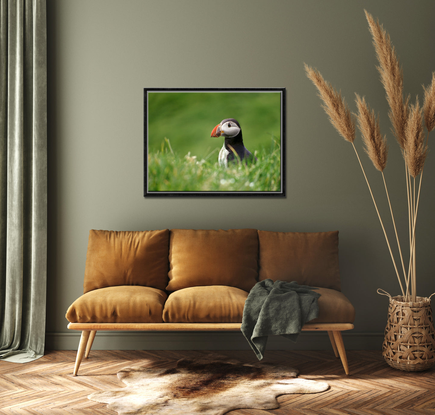 A stunning, colorful puffin in the bright green field of the Faroe Islands. Framed canvas wall art by Kristen Olivares.