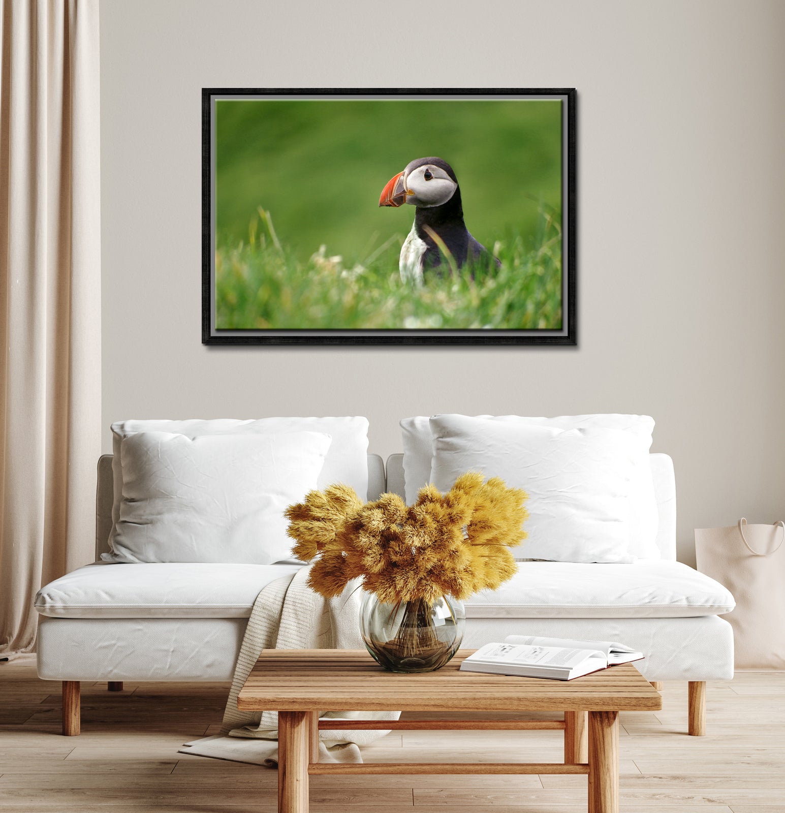 A stunning, colorful puffin in the bright green field of the Faroe Islands. Framed canvas wall art by Kristen Olivares.