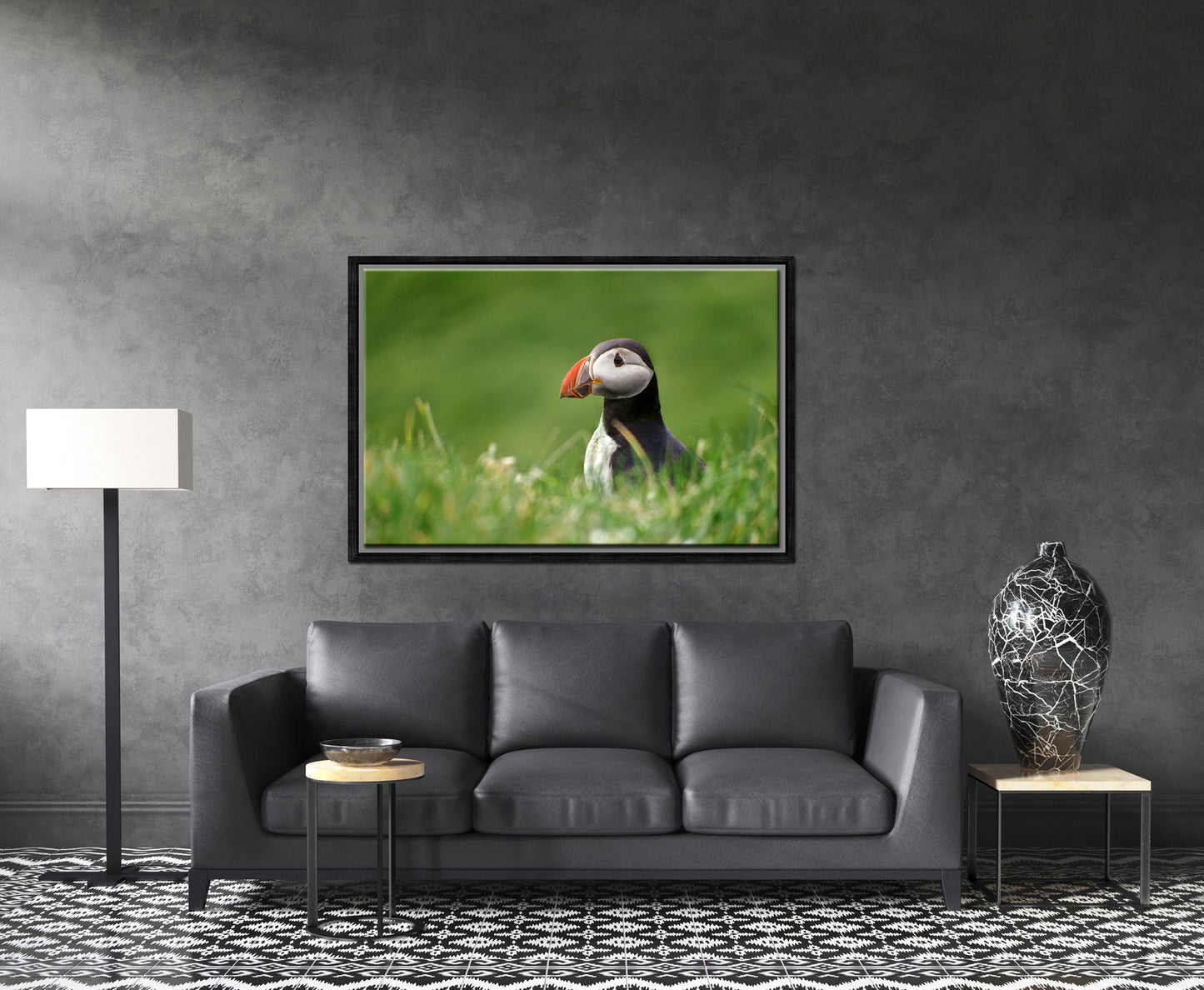 A stunning, colorful puffin in the bright green field of the Faroe Islands. Framed canvas wall art by Kristen Olivares.