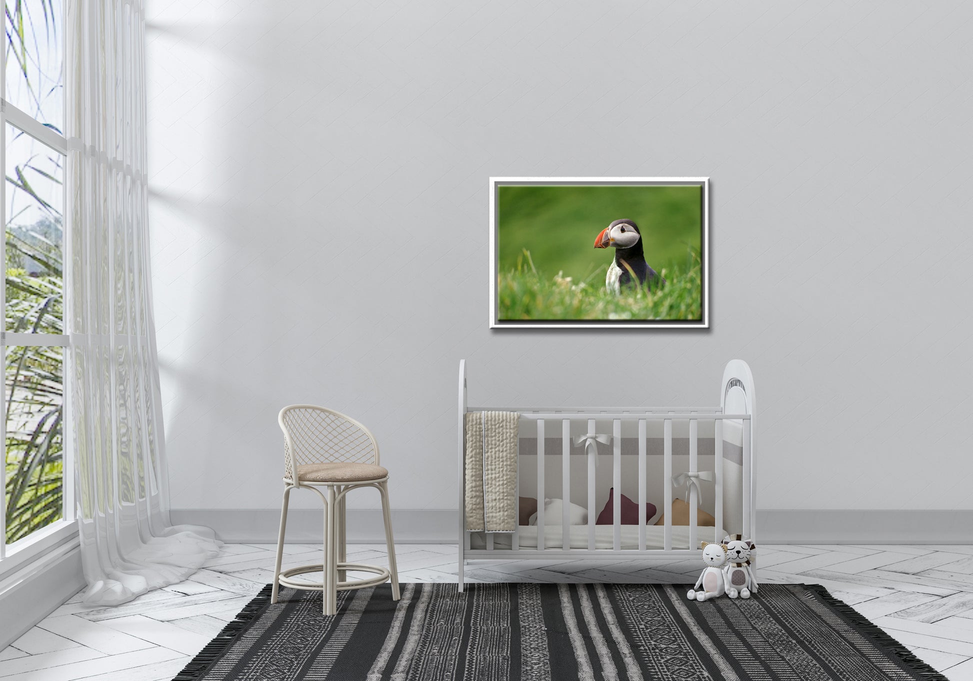 A stunning, colorful puffin in the bright green field of the Faroe Islands. Framed canvas wall art by Kristen Olivares.
