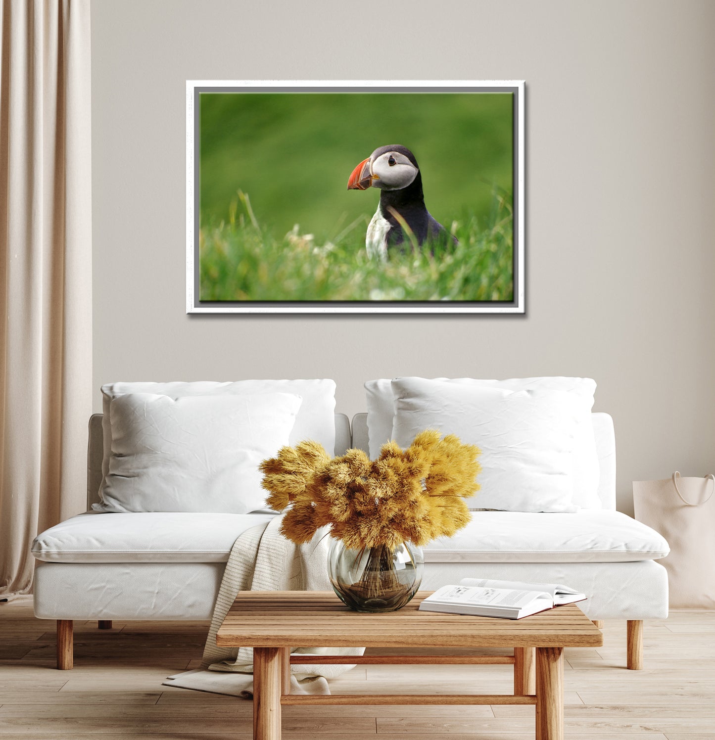 A stunning, colorful puffin in the bright green field of the Faroe Islands. Framed canvas wall art by Kristen Olivares.