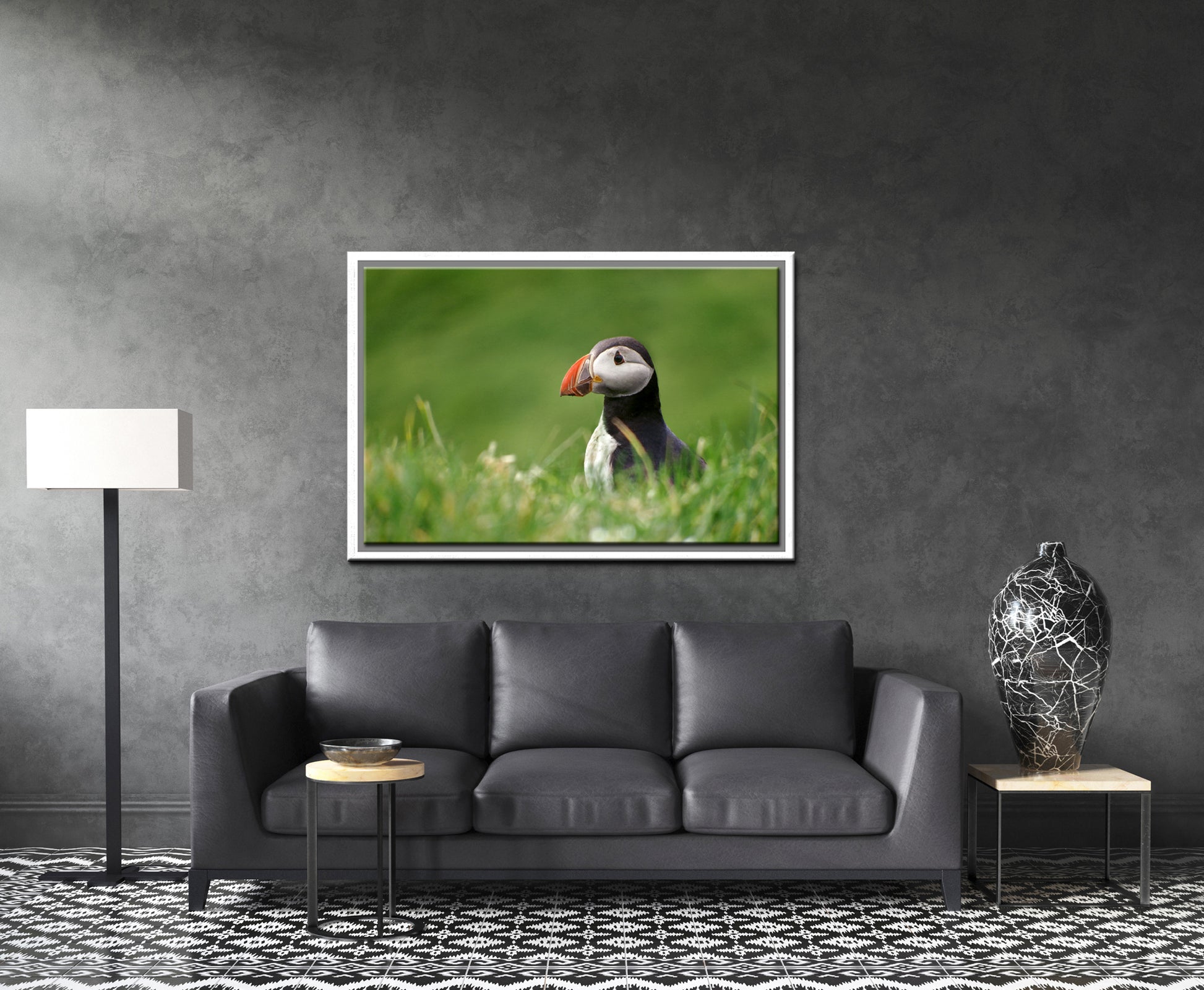 A stunning, colorful puffin in the bright green field of the Faroe Islands. Framed canvas wall art by Kristen Olivares.