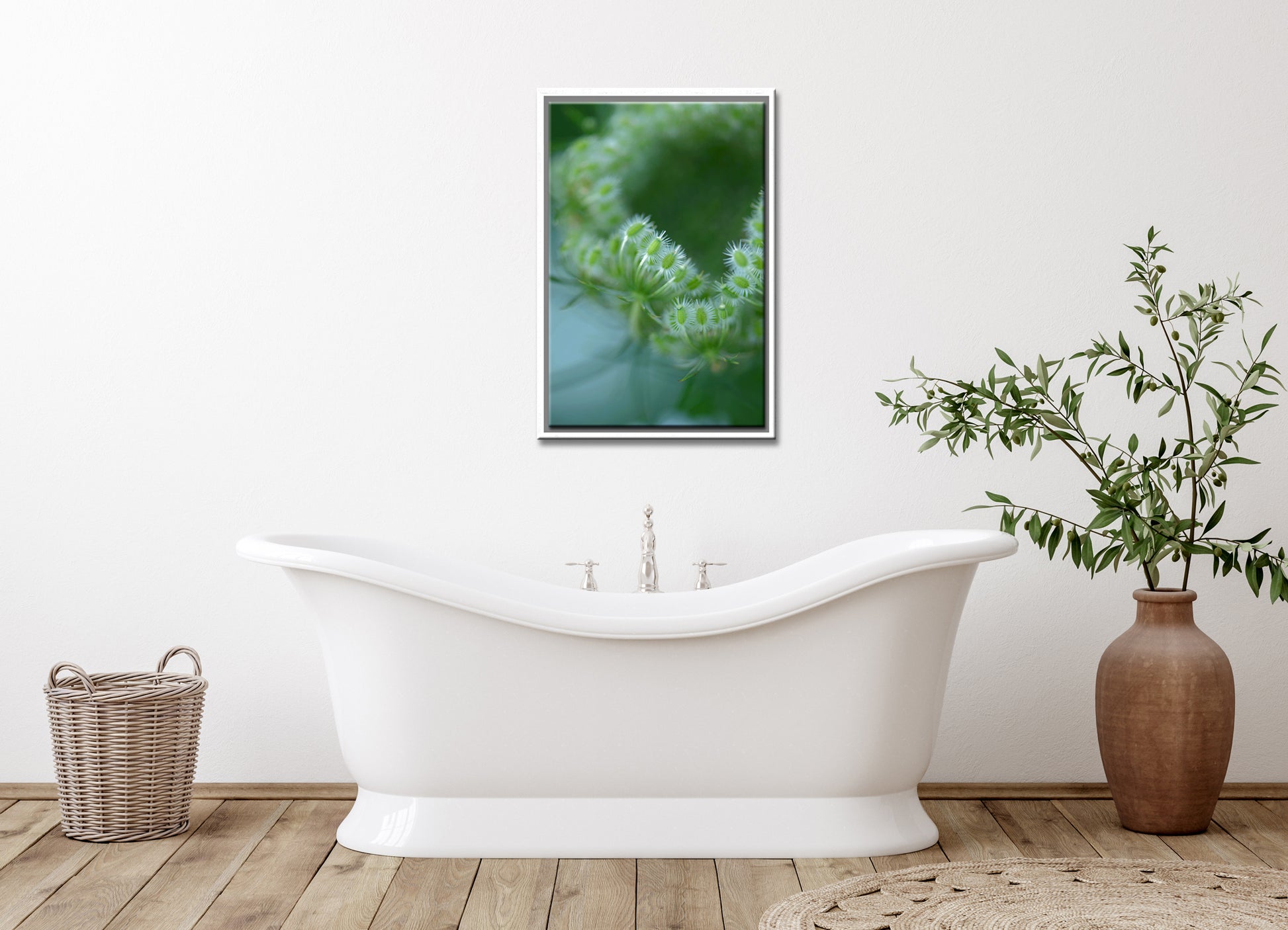 Beautiful, green macro of Queen Ann’s Lace. Canvas wall art by Kristen Olivares.