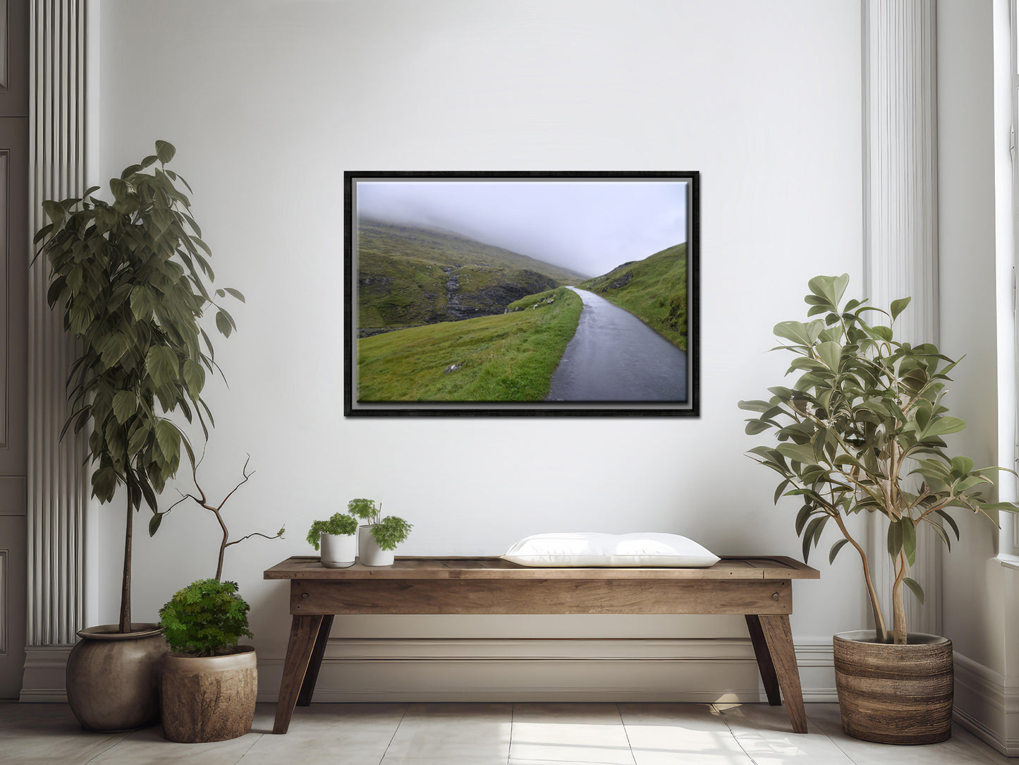Stunning image of a peaceful, foggy path in the Faroe Islands. Framed fine art photography by Kristen Olivares