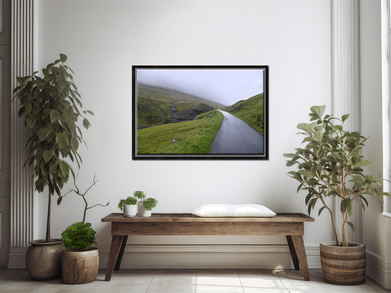 Stunning image of a peaceful, foggy path in the Faroe Islands. Framed fine art photography by Kristen Olivares
