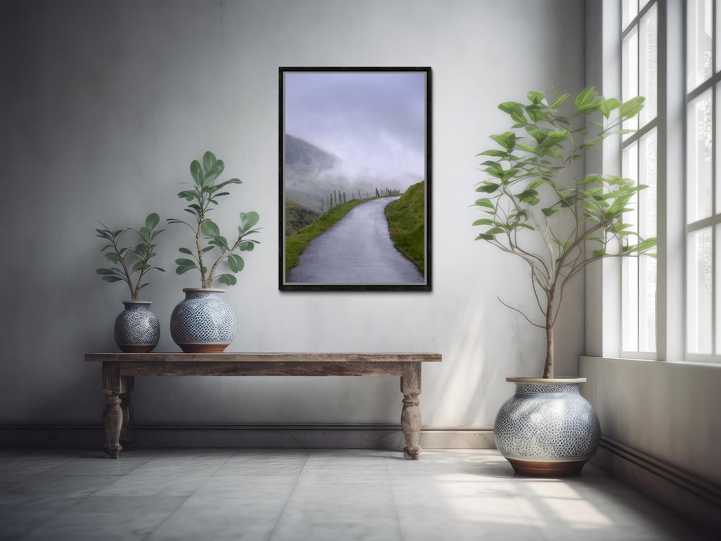 A beautiful quiet path along an old fence surrounded by fog in the Faroe Islands. Framed fine art photography by Kristen Olivares.