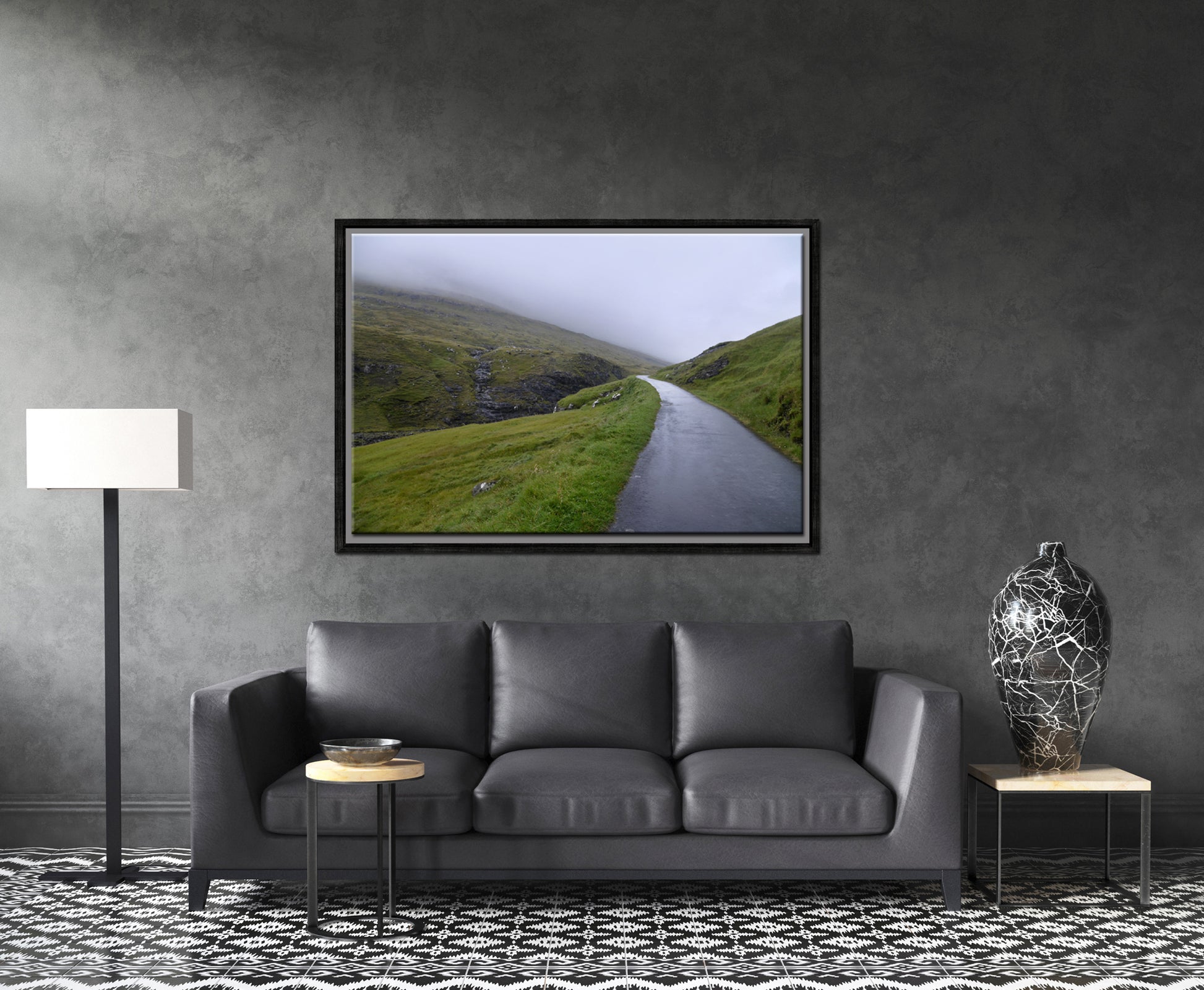 Stunning image of a peaceful, foggy path in the Faroe Islands. Framed fine art photography by Kristen Olivares