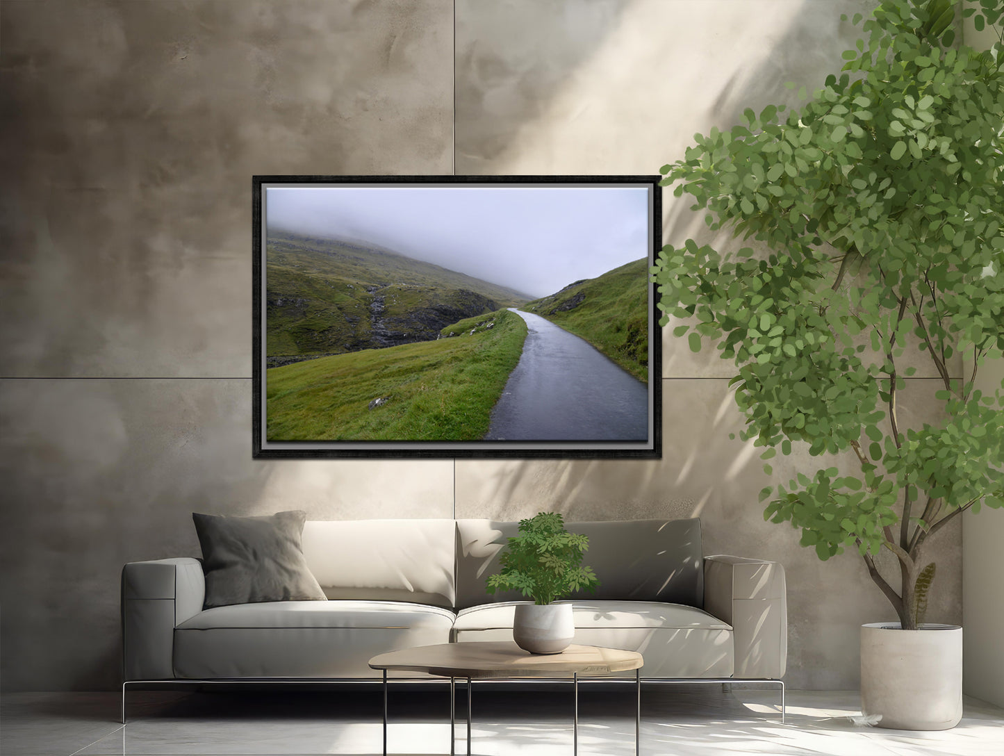 Stunning image of a peaceful, foggy path in the Faroe Islands. Framed fine art photography by Kristen Olivares