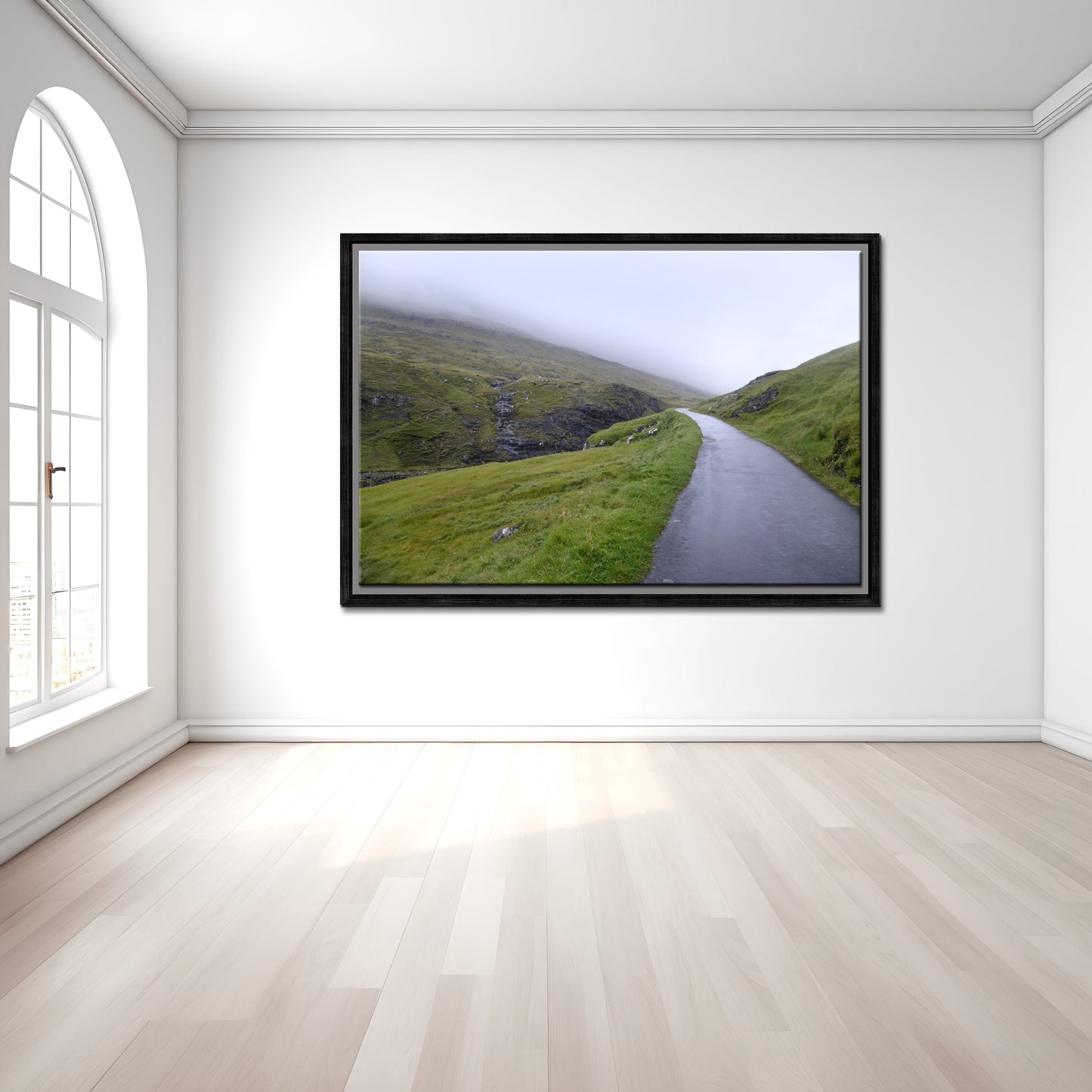 Stunning image of a peaceful, foggy path in the Faroe Islands. Framed fine art photography by Kristen Olivares