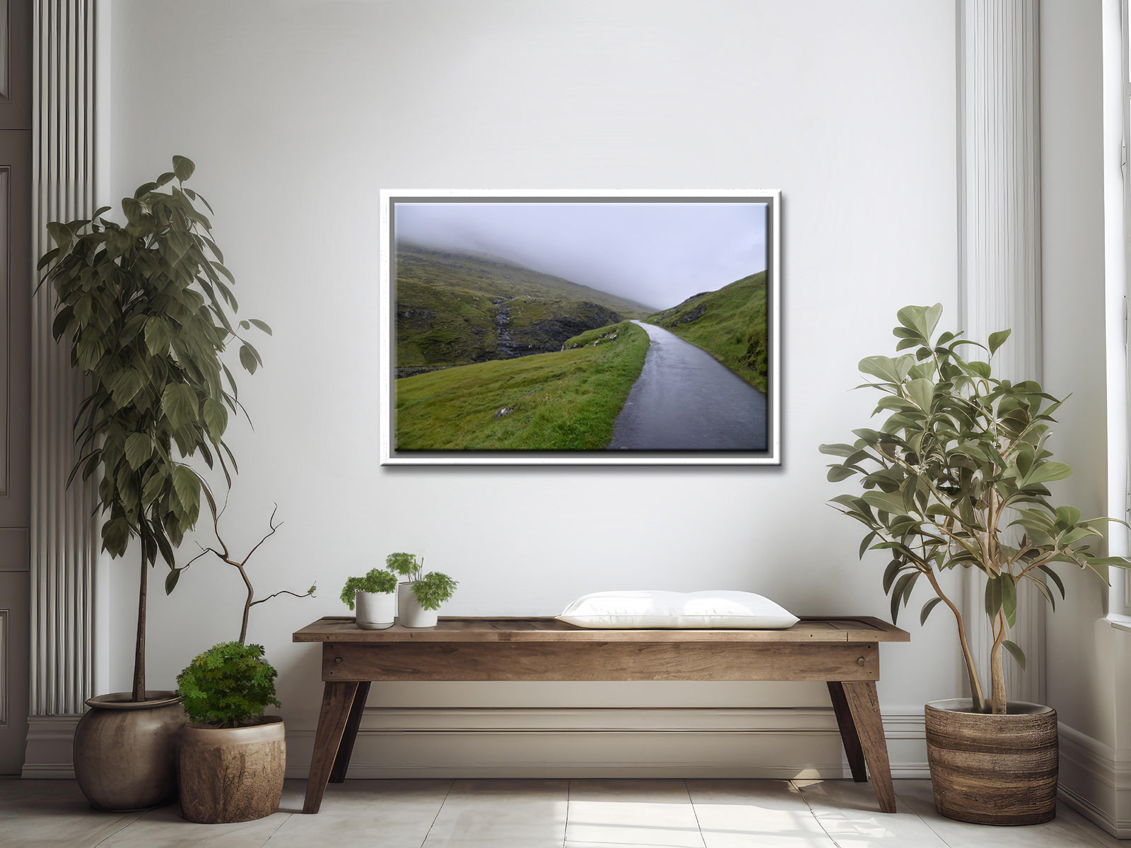 Stunning image of a peaceful, foggy path in the Faroe Islands. Framed fine art photography by Kristen Olivares