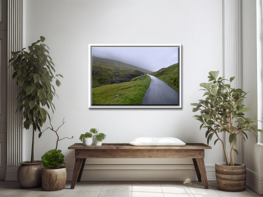 Stunning image of a peaceful, foggy path in the Faroe Islands. Framed fine art photography by Kristen Olivares