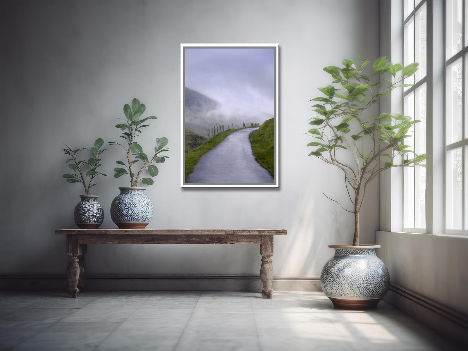 Stunning, mysterious path far off in the Faroe Islands. Framed canvas wall art by Kristen Olivares