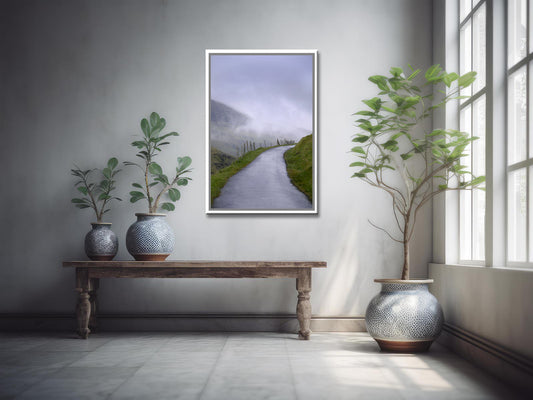 Stunning, mysterious path far off in the Faroe Islands. Framed canvas wall art by Kristen Olivares