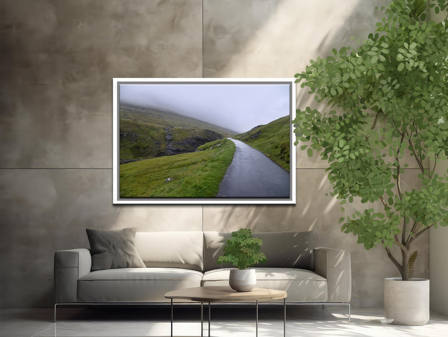 Stunning image of a peaceful, foggy path in the Faroe Islands. Framed fine art photography by Kristen Olivares