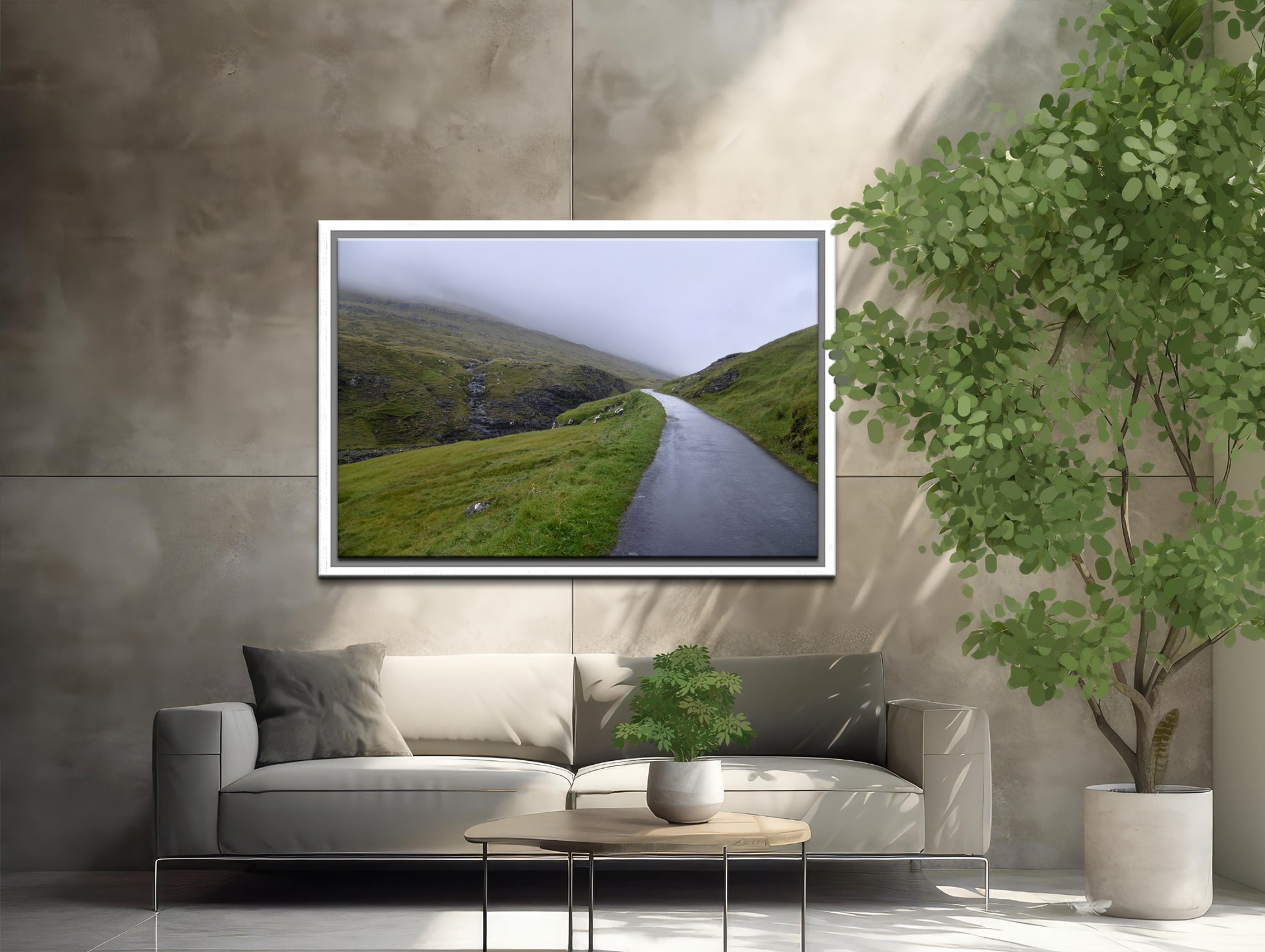 Stunning image of a peaceful, foggy path in the Faroe Islands. Framed fine art photography by Kristen Olivares