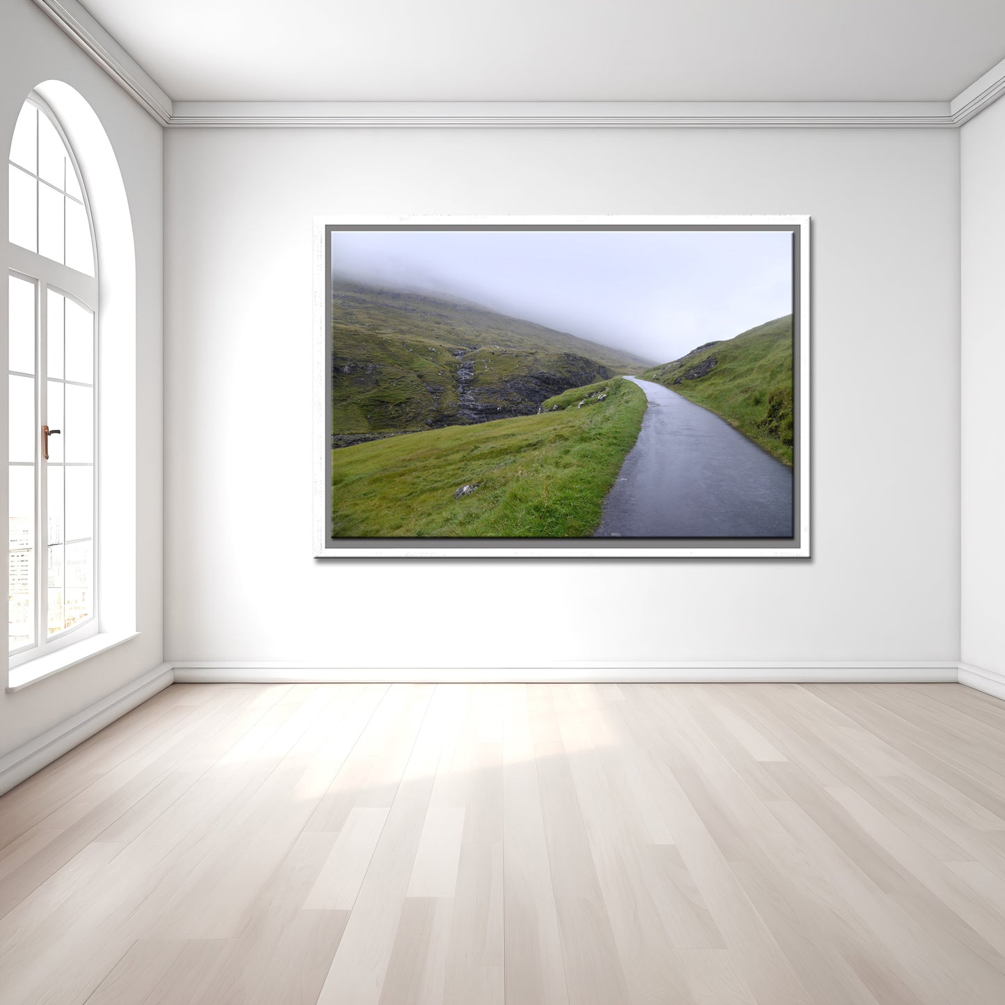 Stunning image of a peaceful, foggy path in the Faroe Islands. Framed fine art photography by Kristen Olivares