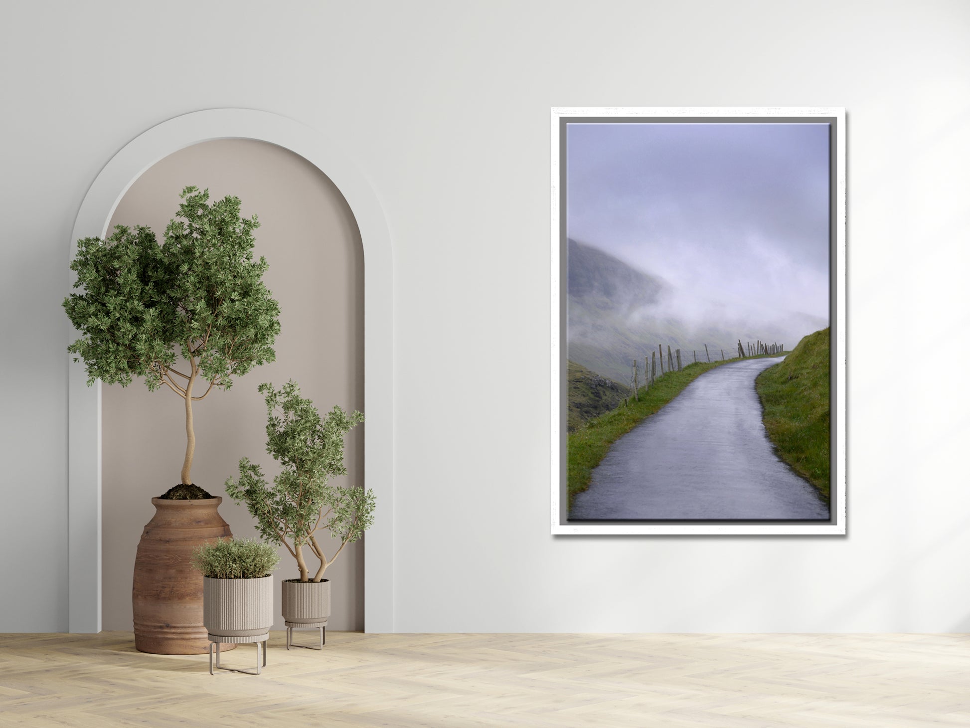 A beautiful quiet path along an old fence surrounded by fog in the Faroe Islands. Framed fine art photography by Kristen Olivares.