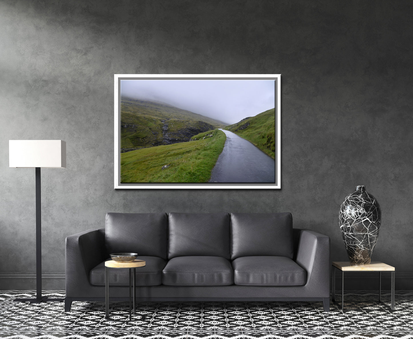 Stunning image of a peaceful, foggy path in the Faroe Islands. Framed fine art photography by Kristen Olivares