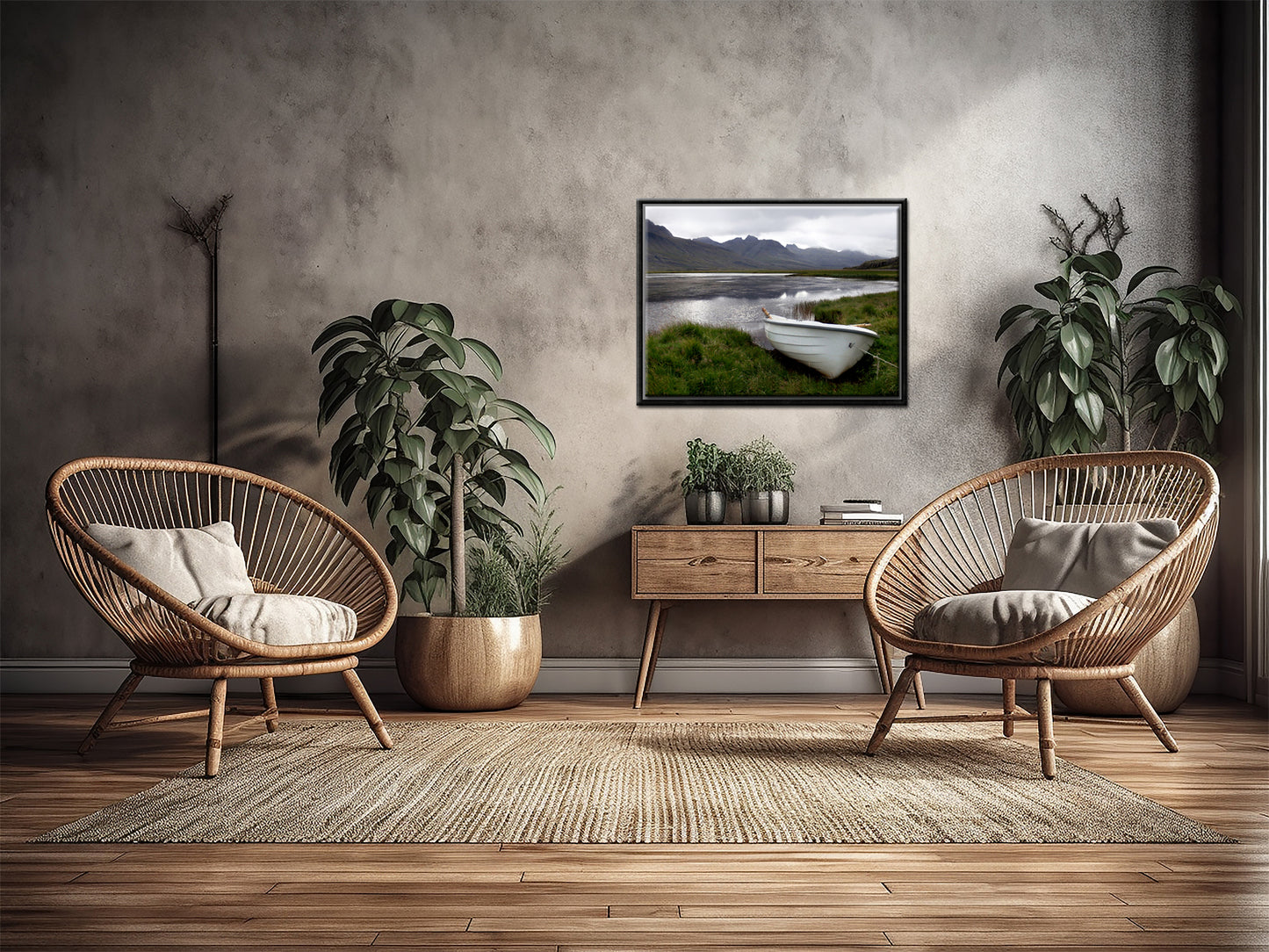 A beautiful little white row boat pulled up upon the desolate shore of Iceland. Framed canvas wall art. Fine art photography by Kristen Olivares. 