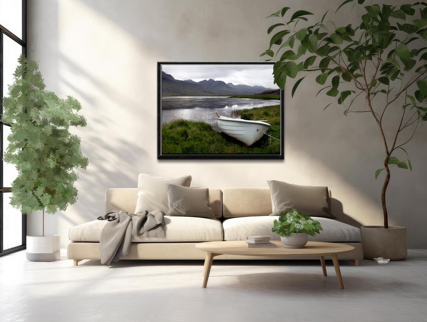 A beautiful little white row boat pulled up upon the desolate shore of Iceland. Framed canvas wall art. Fine art photography by Kristen Olivares. 