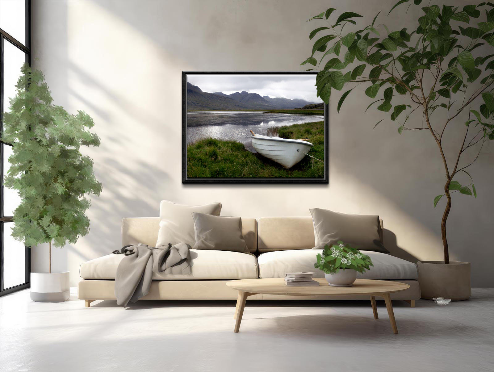 A beautiful little white row boat pulled up upon the desolate shore of Iceland. Framed canvas wall art. Fine art photography by Kristen Olivares. 