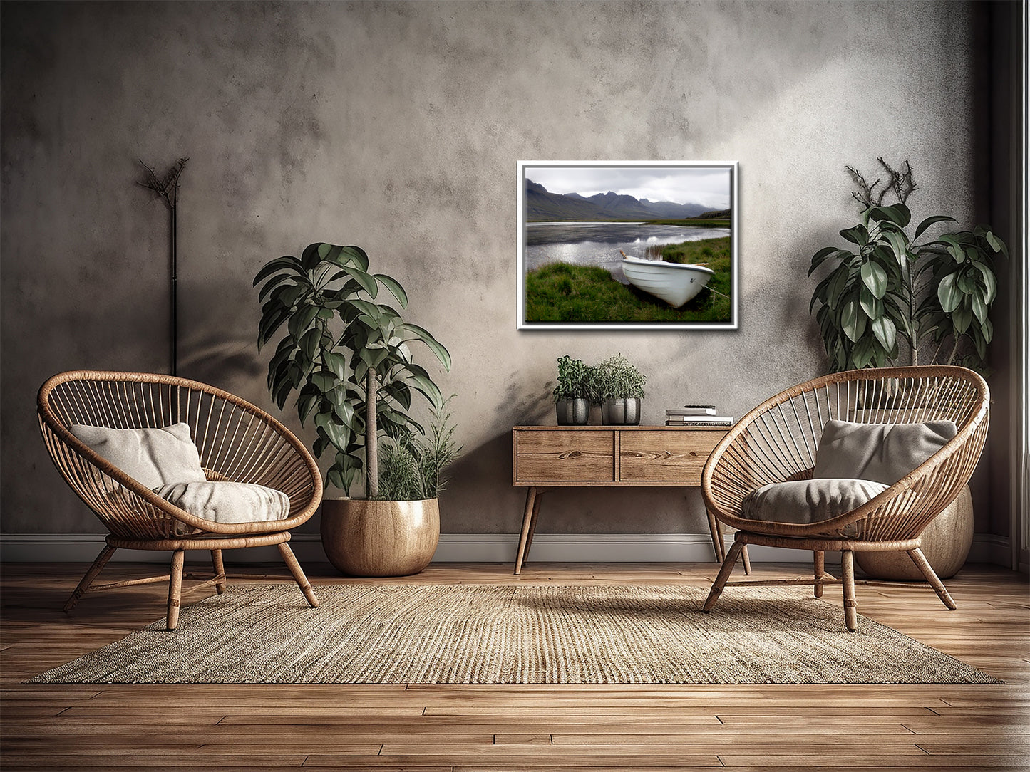 A beautiful little white row boat pulled up upon the desolate shore of Iceland. Framed canvas wall art. Fine art photography by Kristen Olivares. 