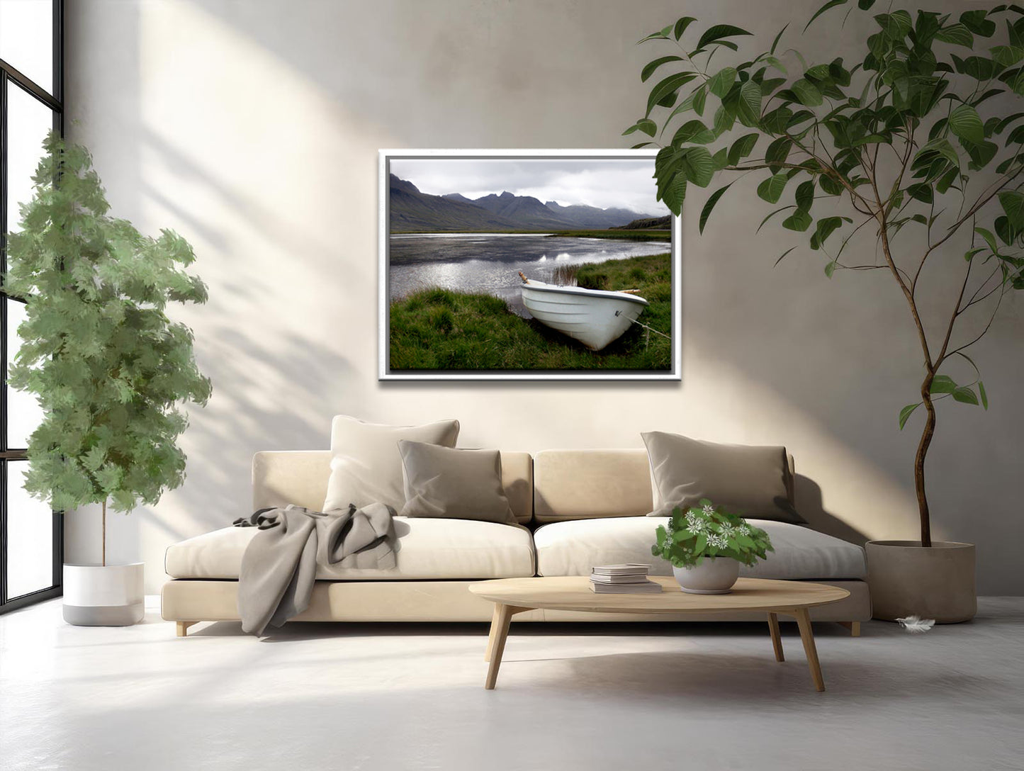 A beautiful little white row boat pulled up upon the desolate shore of Iceland. Framed canvas wall art. Fine art photography by Kristen Olivares. 