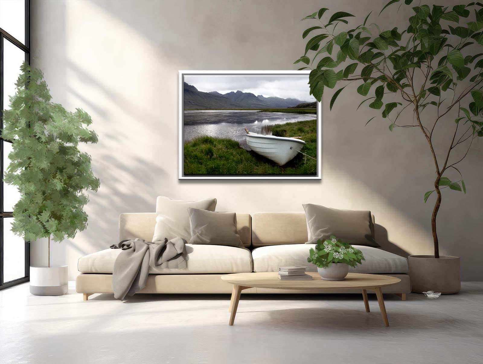 A beautiful little white row boat pulled up upon the desolate shore of Iceland. Framed canvas wall art. Fine art photography by Kristen Olivares. 
