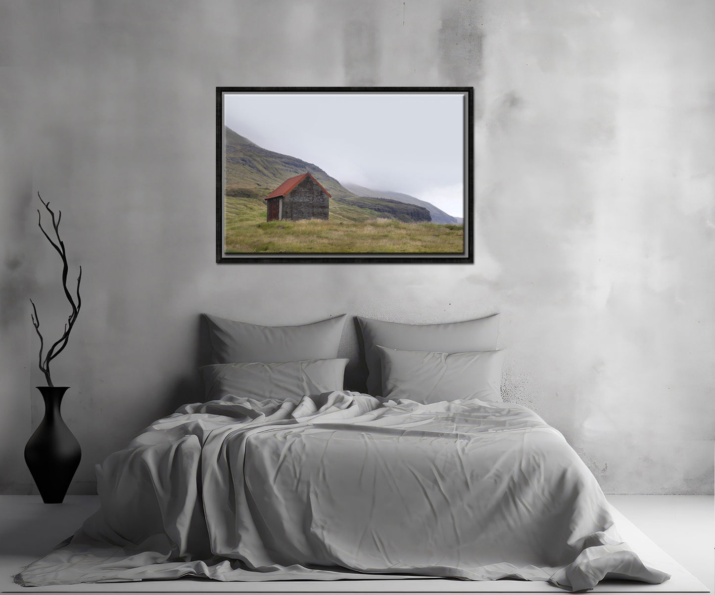 An old stone shack with a rusty colored roof set in the desolate foggy land of the Faroe Islands. Framed fine art photography by Kristen Olivares.