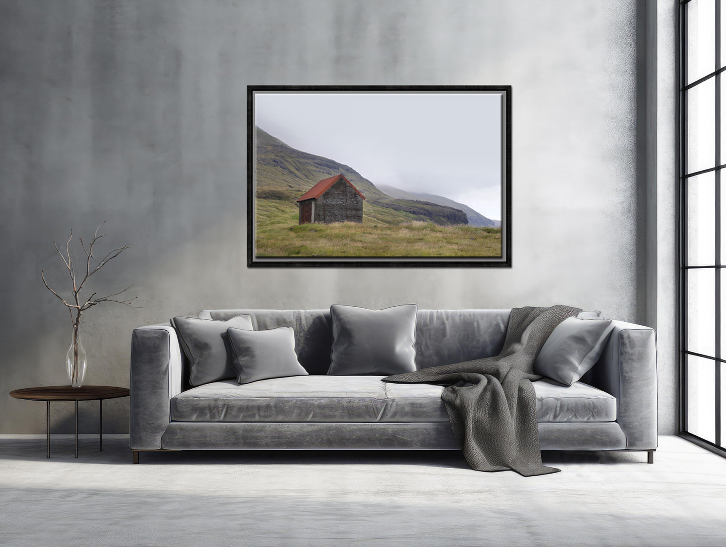 An old stone shack with a rusty colored roof set in the desolate foggy land of the Faroe Islands. Framed fine art photography by Kristen Olivares.