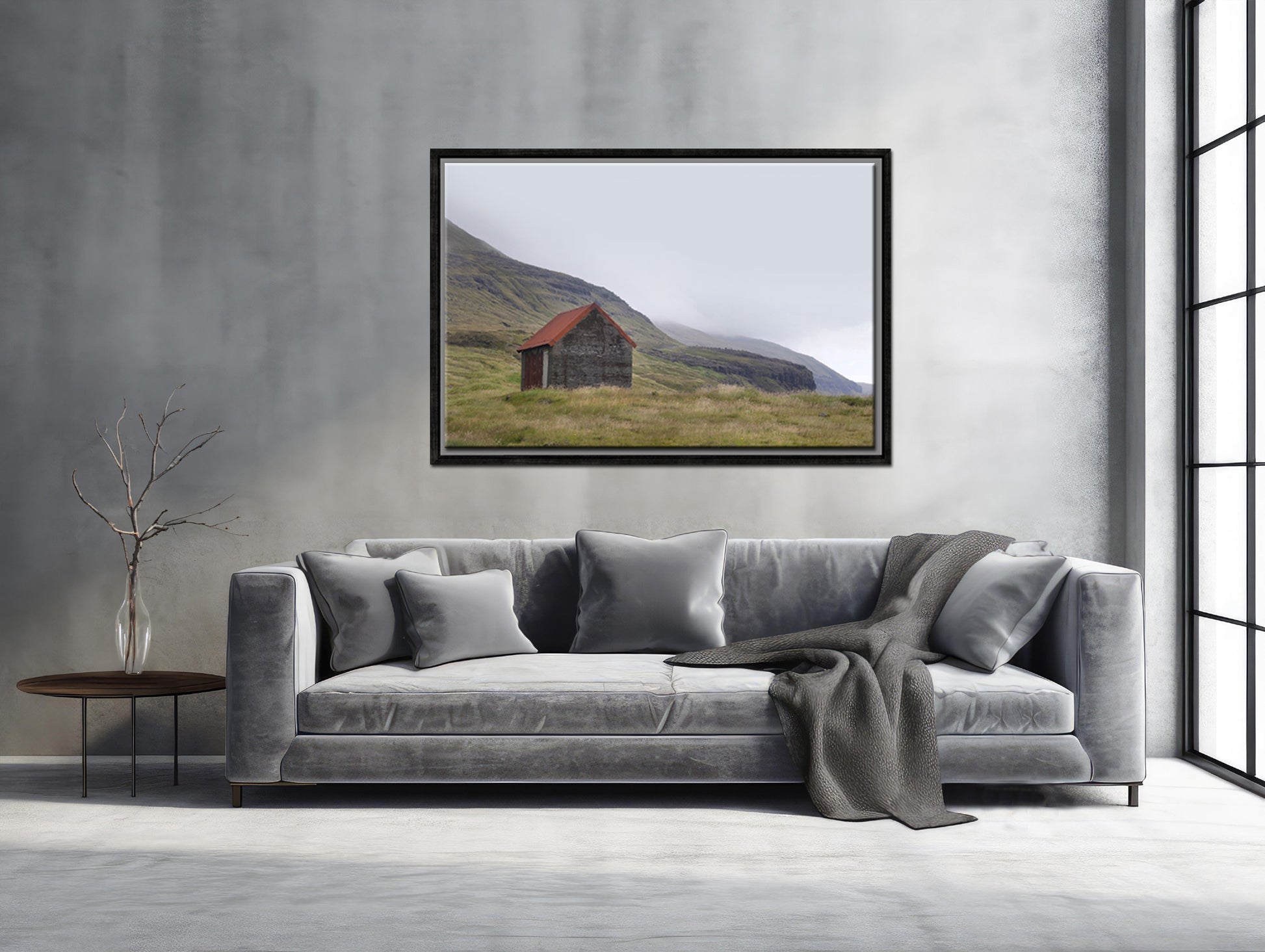 An old stone shack with a rusty colored roof set in the desolate foggy land of the Faroe Islands. Framed fine art photography by Kristen Olivares.