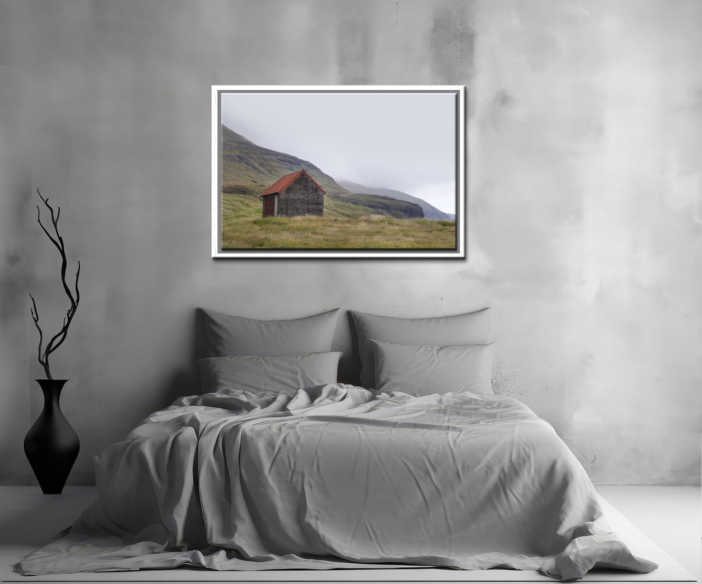 An old stone shack with a rusty colored roof set in the desolate foggy land of the Faroe Islands. Framed fine art photography by Kristen Olivares.