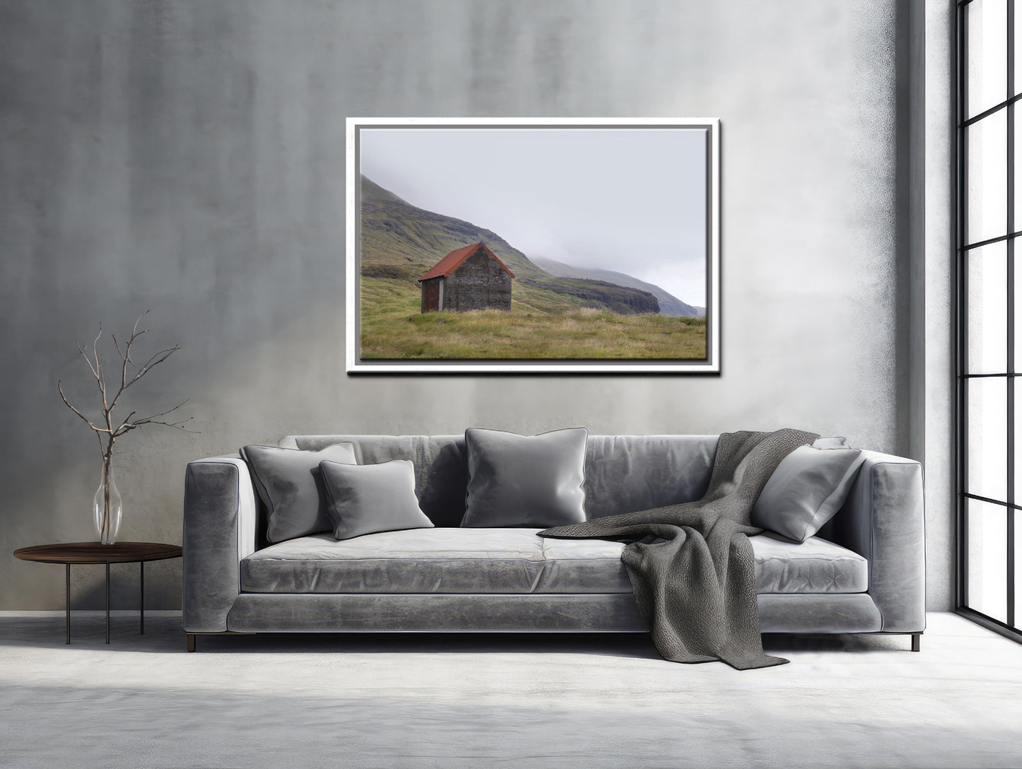 An old stone shack with a rusty colored roof set in the desolate foggy land of the Faroe Islands. Framed fine art photography by Kristen Olivares.