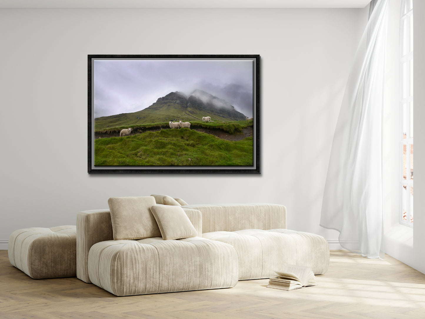Sheep gathering at the base of a beautiful foggy cliff in the Faroe Islands. Framed fine art photography by Kristen Olivares.