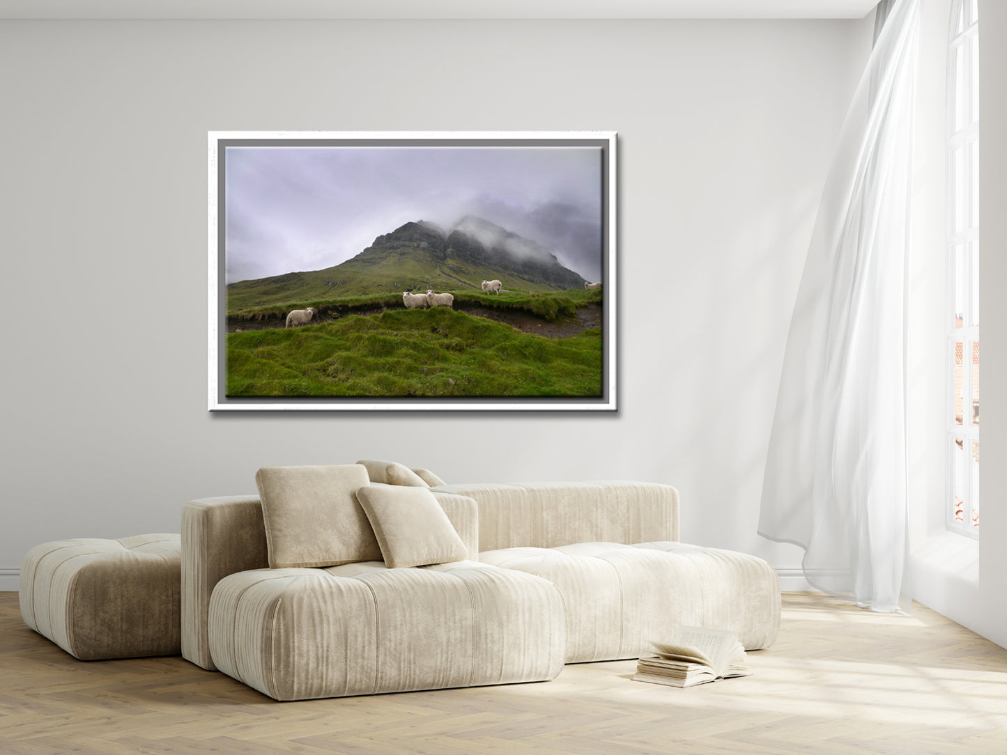 Sheep gathering at the base of a beautiful foggy cliff in the Faroe Islands. Framed fine art photography by Kristen Olivares.