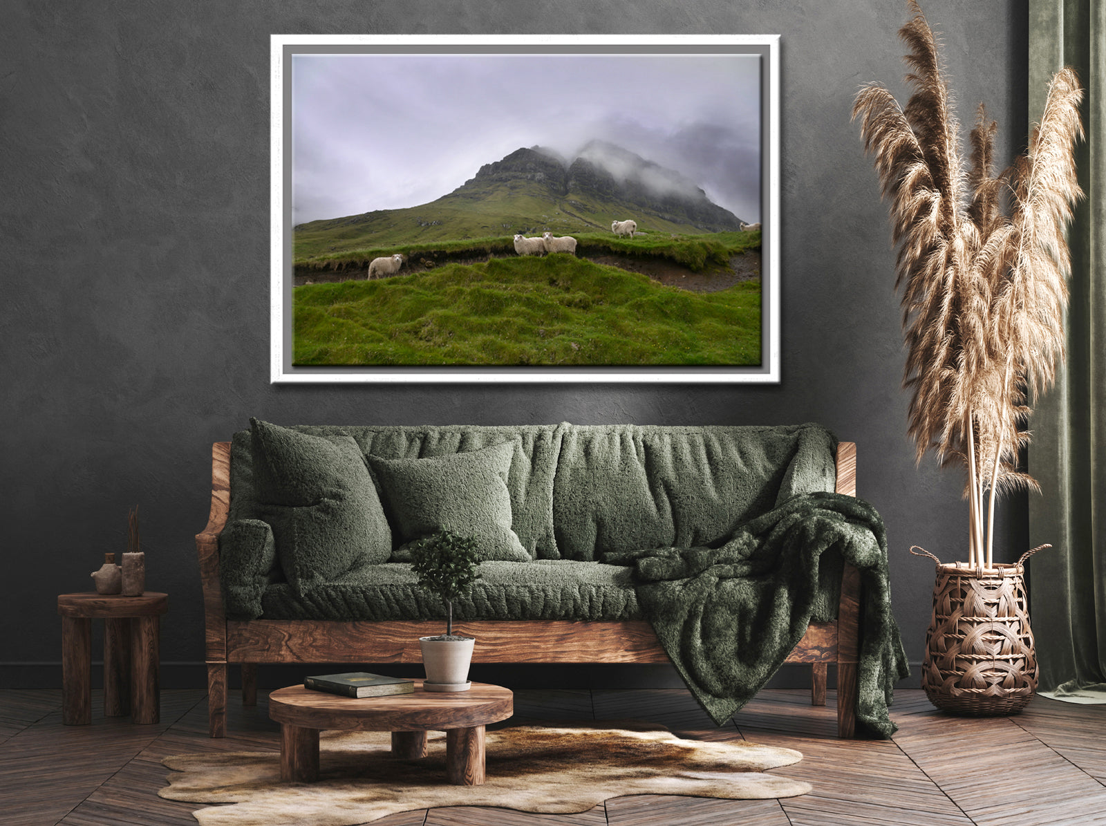 Sheep gathering at the base of a beautiful foggy cliff in the Faroe Islands. Framed fine art photography by Kristen Olivares.