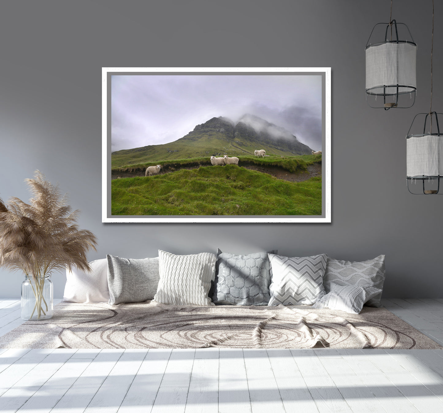 Sheep gathering at the base of a beautiful foggy cliff in the Faroe Islands. Framed fine art photography by Kristen Olivares.