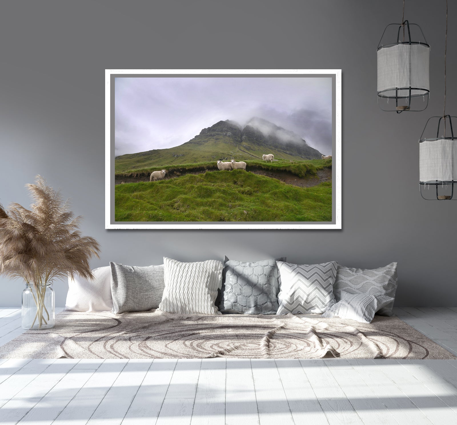 Sheep gathering at the base of a beautiful foggy cliff in the Faroe Islands. Framed fine art photography by Kristen Olivares.