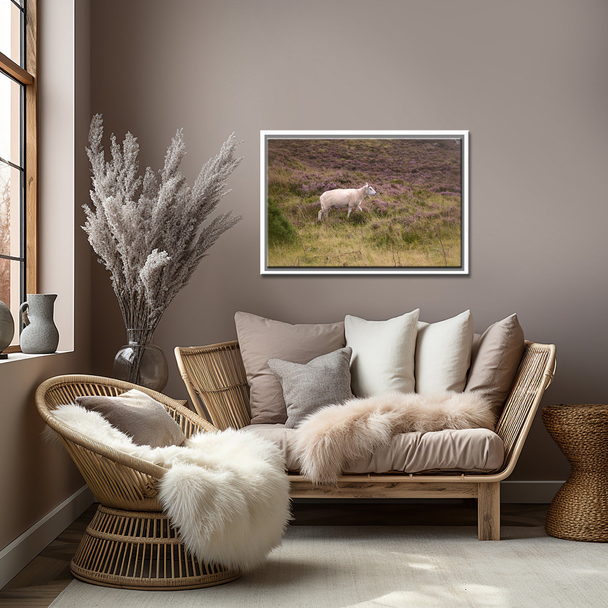A lone sheep roaming the Heather Fields in Ireland, Canvas Wall Art by Kristen Olivares.