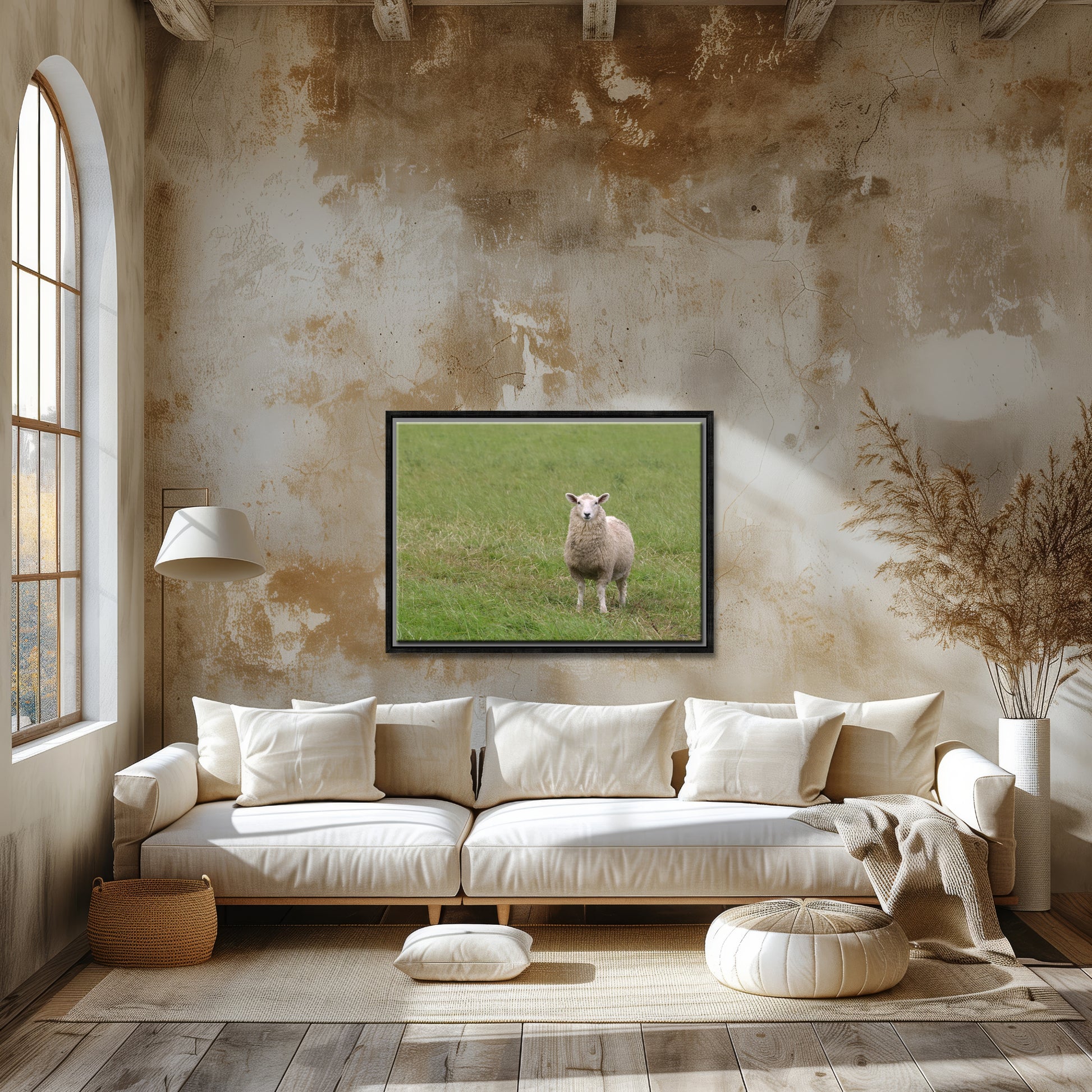 A lone sheep in the fields of Ireland. Framed Canvas Wall Art by Kristen Olivares