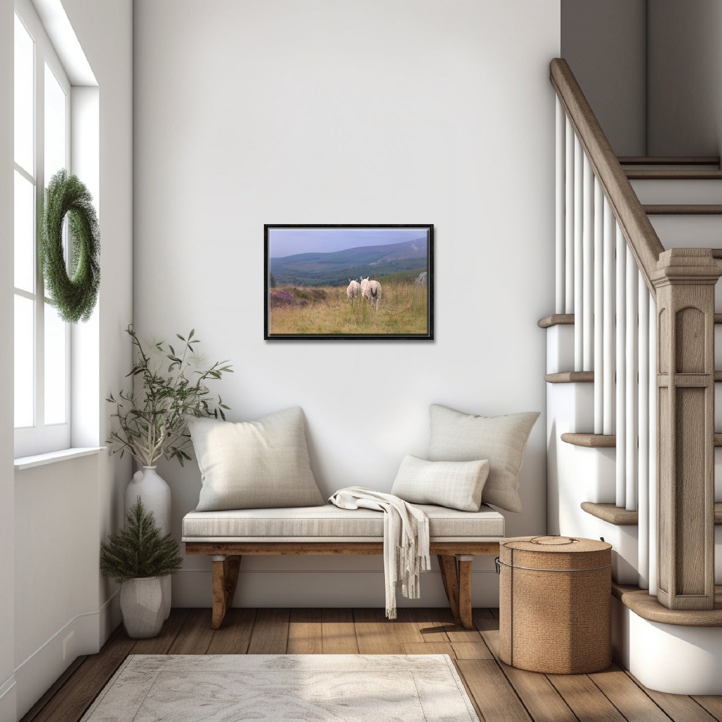 Two sheep walk along side by side among the heather fields in Ireland. Framed Canvas Wall Art by Kristen Olivares