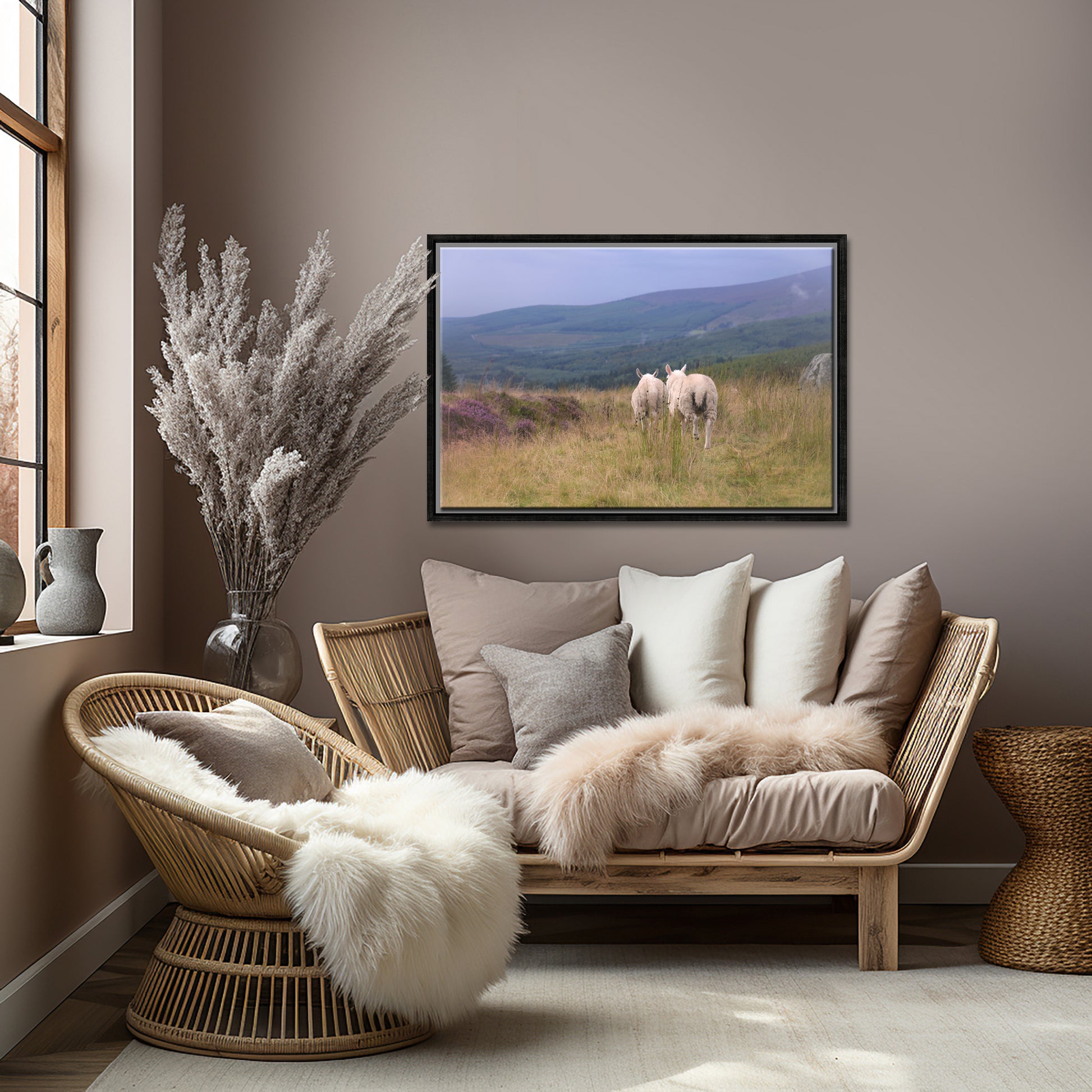 Two sheep walk along side by side among the heather fields in Ireland. Framed Canvas Wall Art by Kristen Olivares