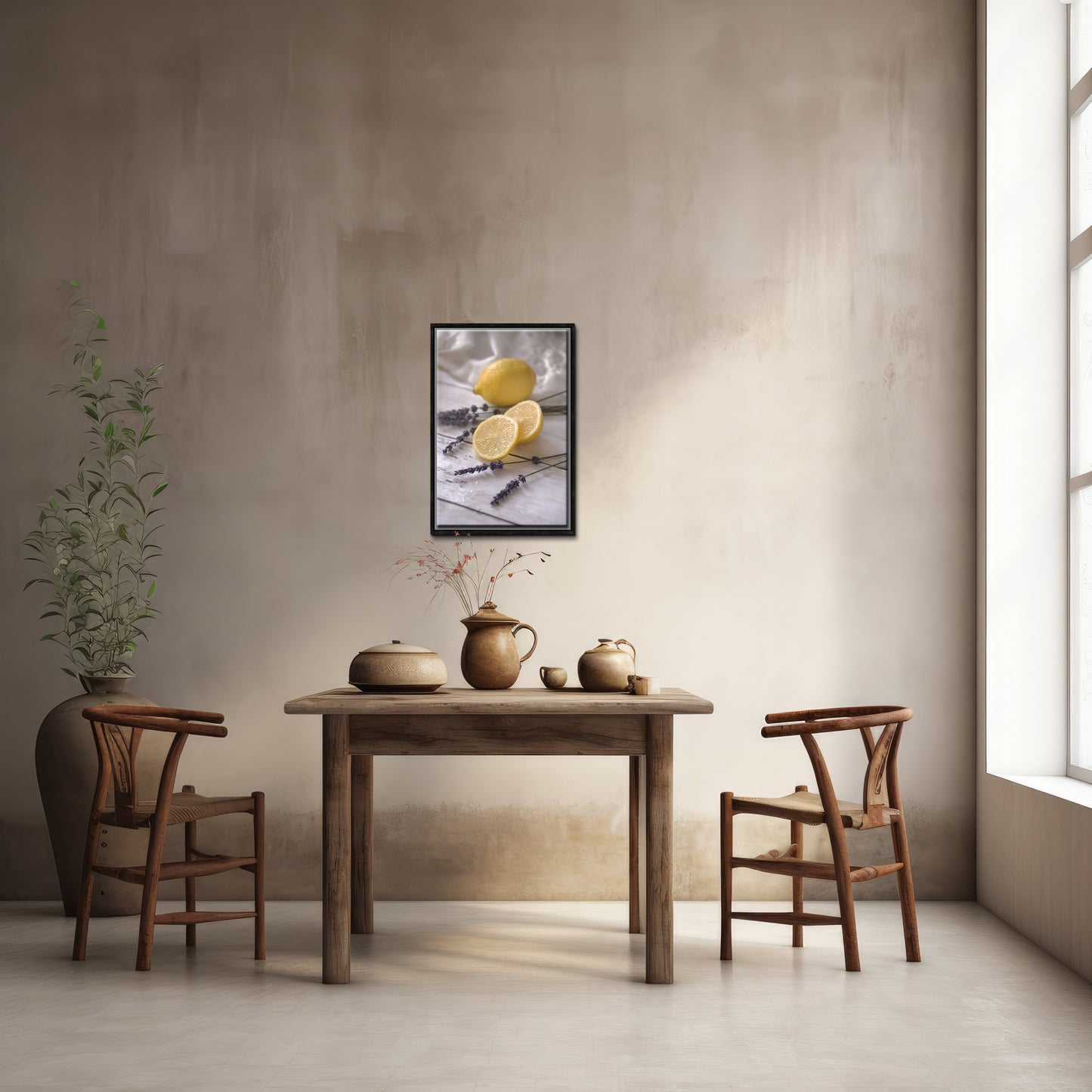Beautiful still life, Lemons and Lavender. Framed Fine Art canvas Print by Kristen Olivares
