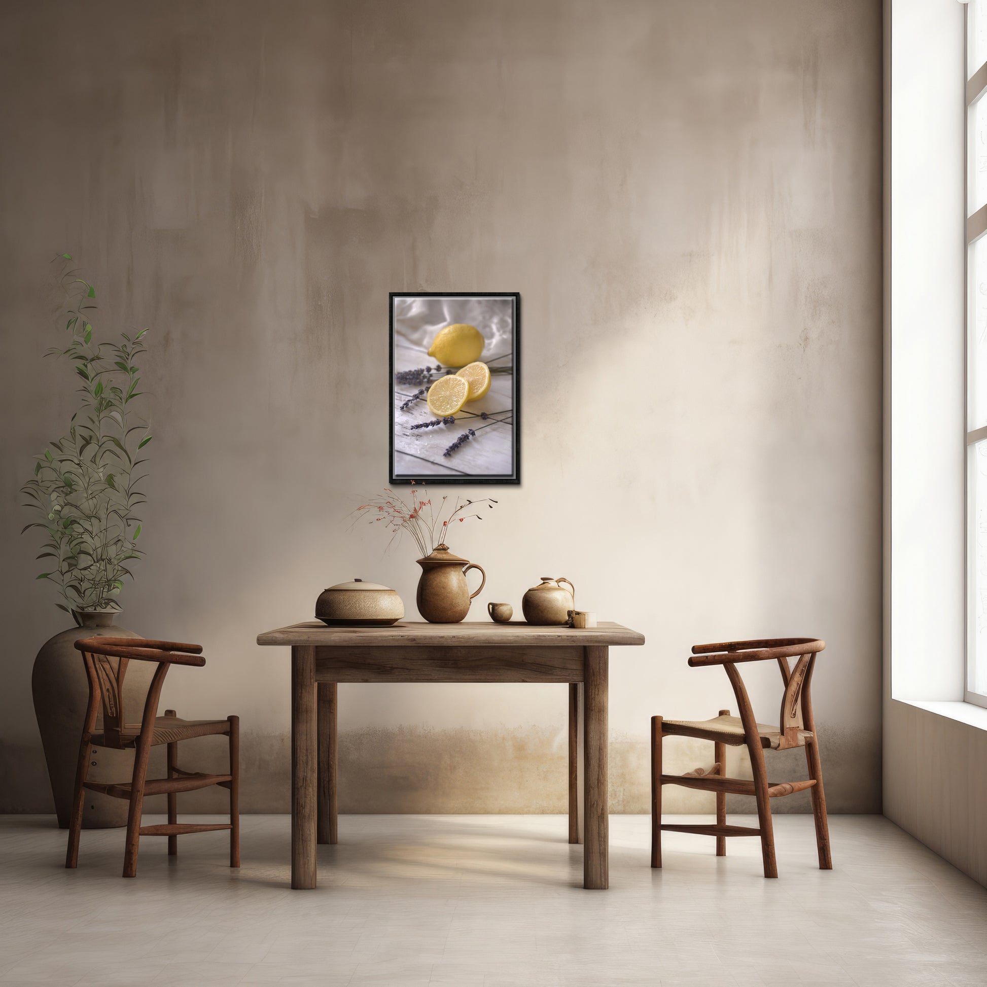Beautiful still life, Lemons and Lavender. Framed Fine Art canvas Print by Kristen Olivares
