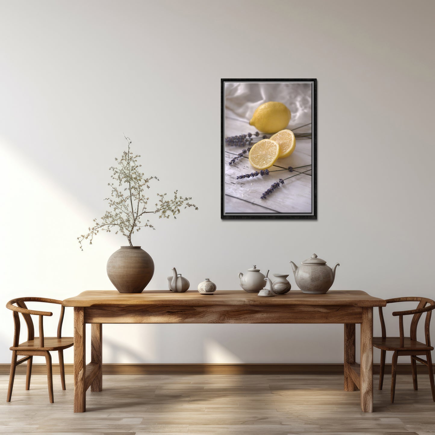 Beautiful still life, Lemons and Lavender. Framed Fine Art canvas Print by Kristen Olivares