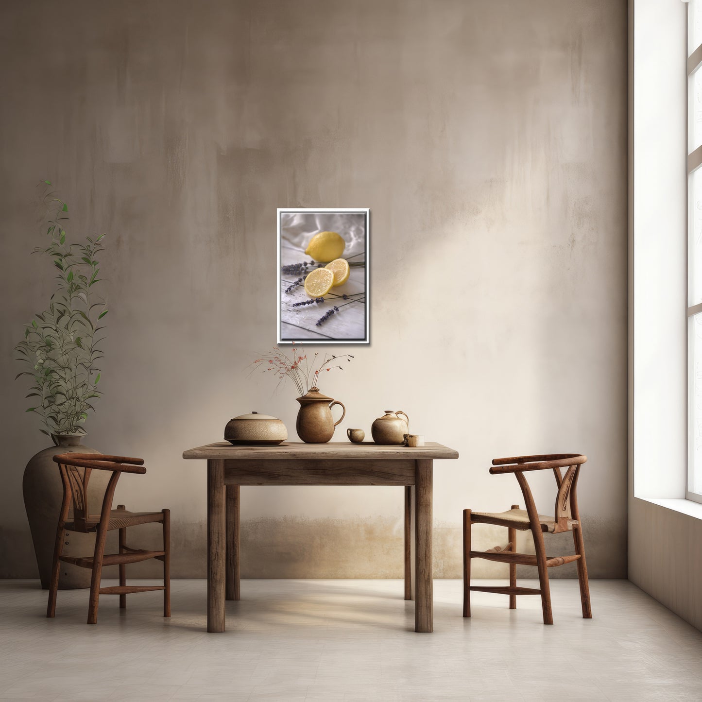 Beautiful still life, Lemons and Lavender. Framed Fine Art canvas Print by Kristen Olivares