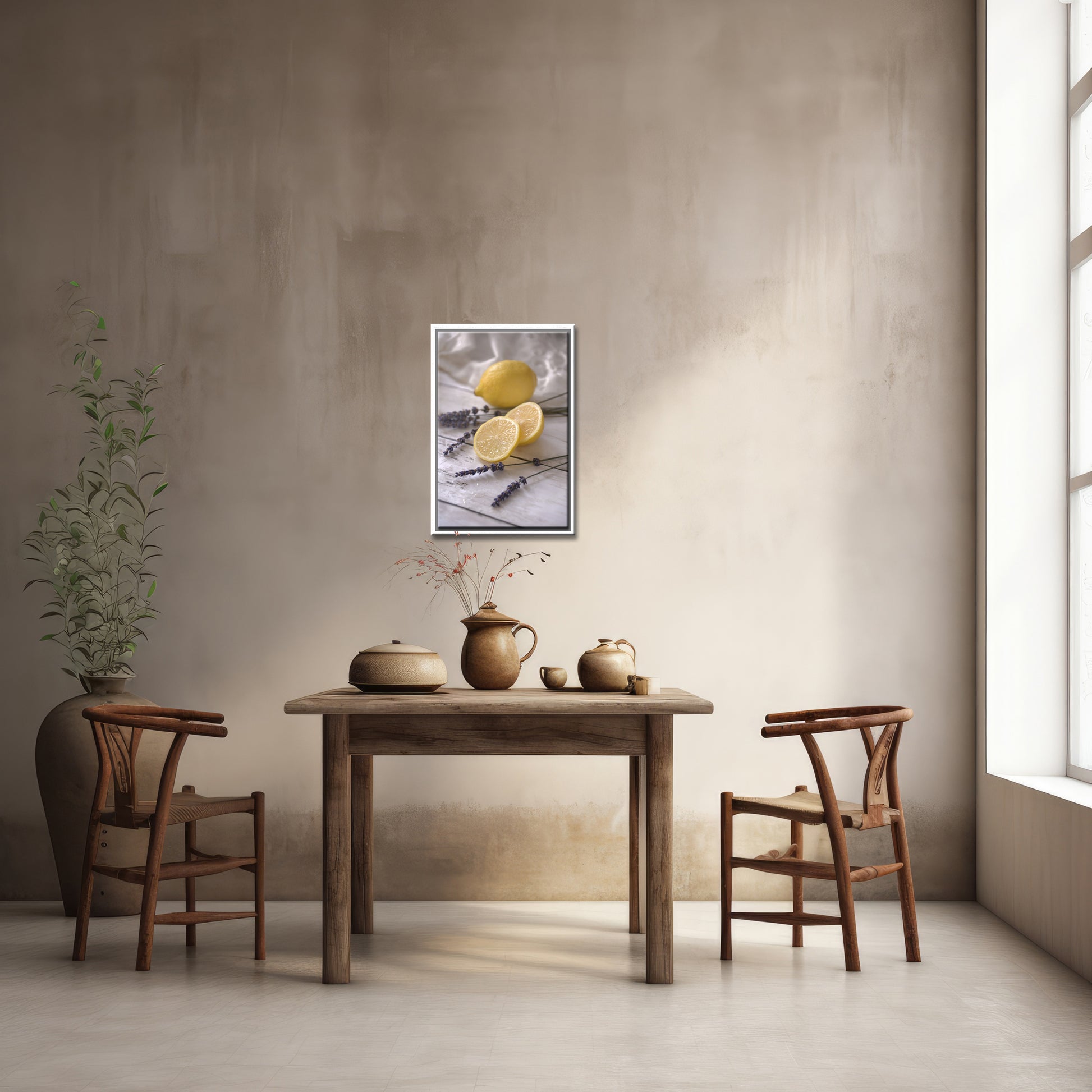 Beautiful still life, Lemons and Lavender. Framed Fine Art canvas Print by Kristen Olivares