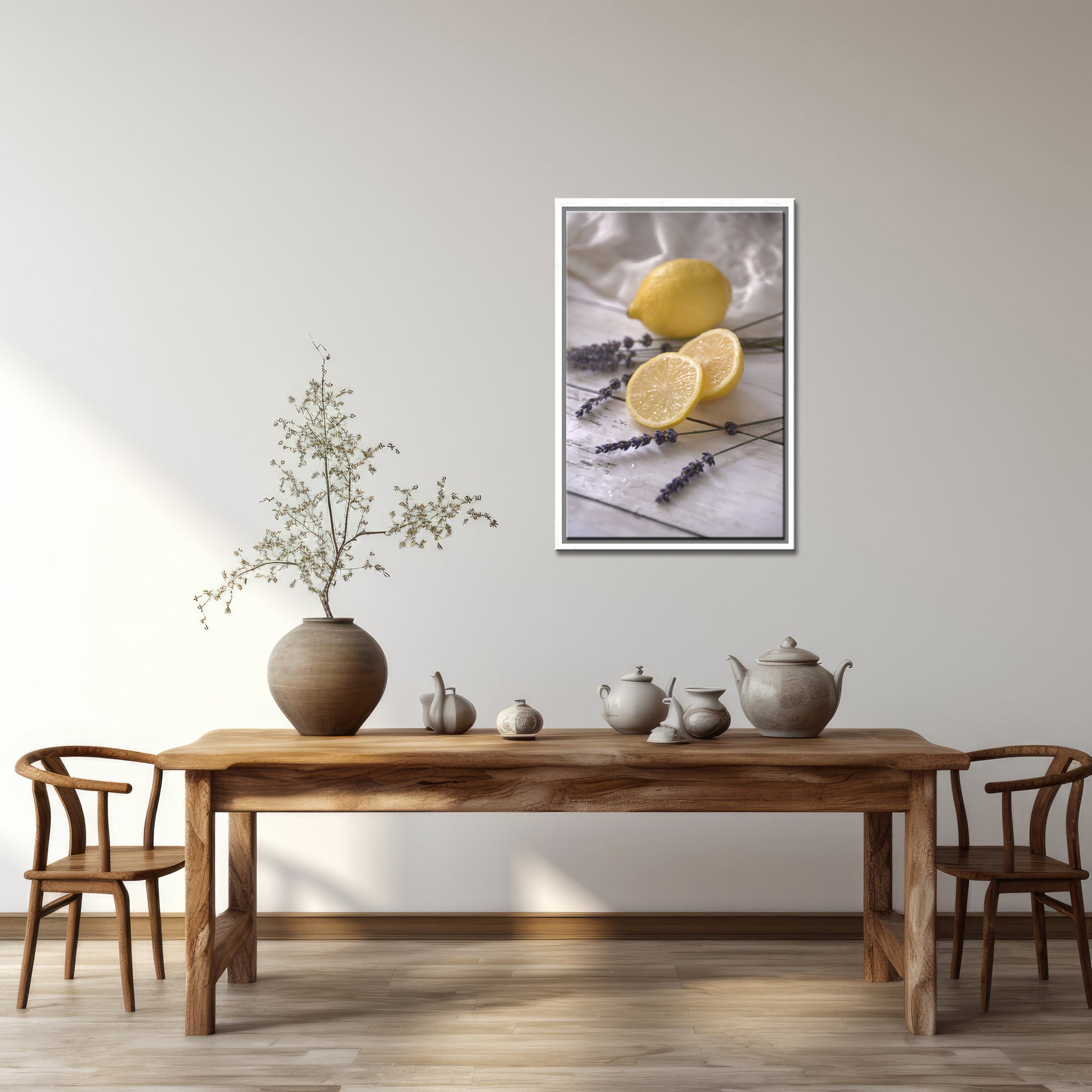Beautiful still life, Lemons and Lavender. Framed Fine Art canvas Print by Kristen Olivares