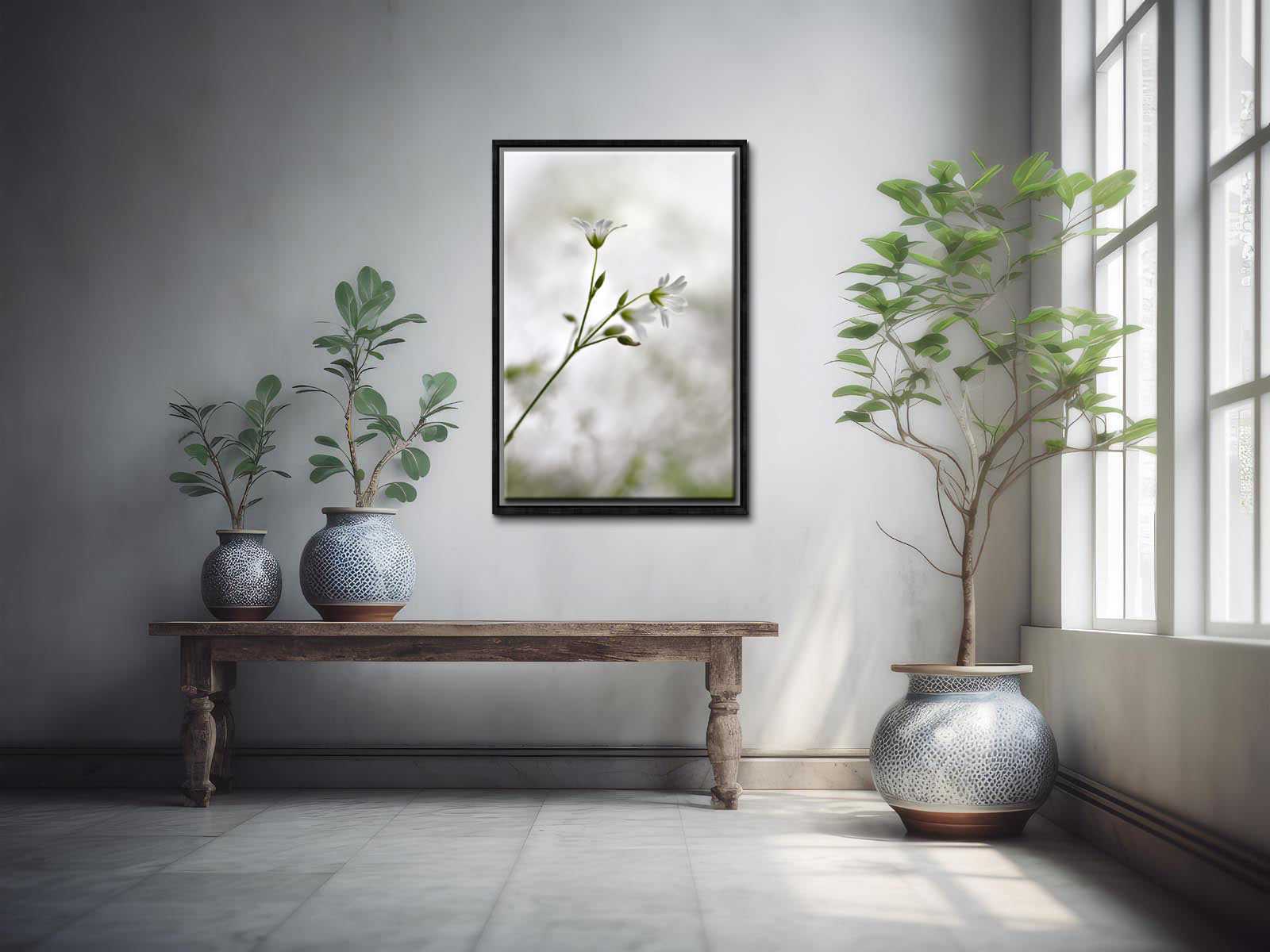 Beautiful, delicate white Stitchwort Flowers. Framed fine art photography, Canvas wall art by Kristen Olivares.